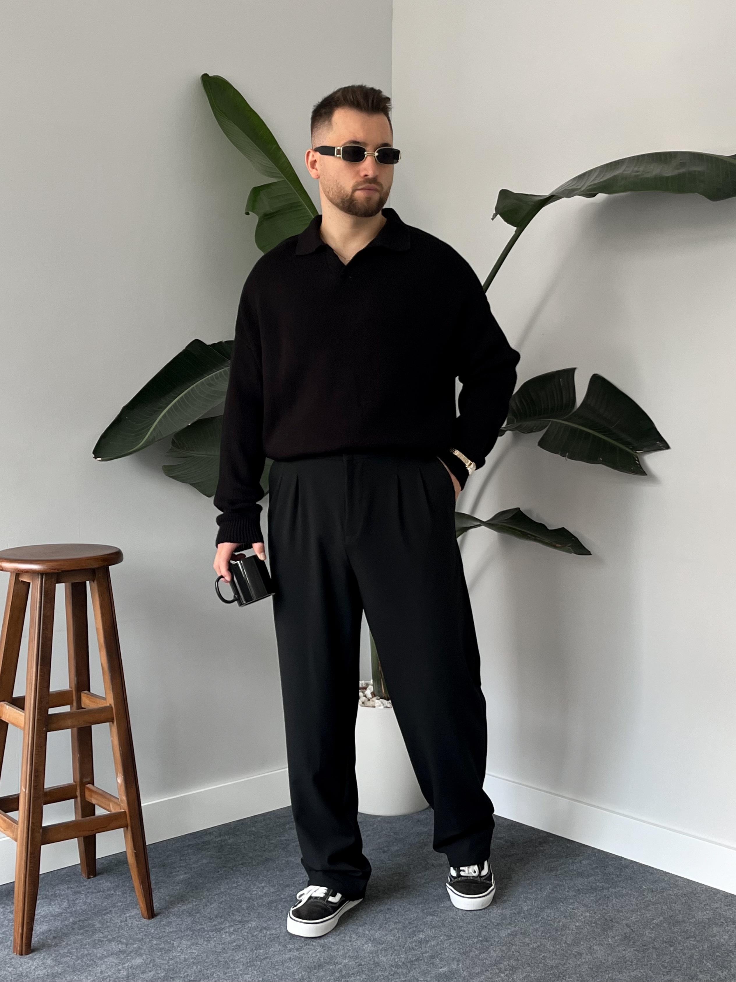 Siyah Casual Polo Yaka Kazak