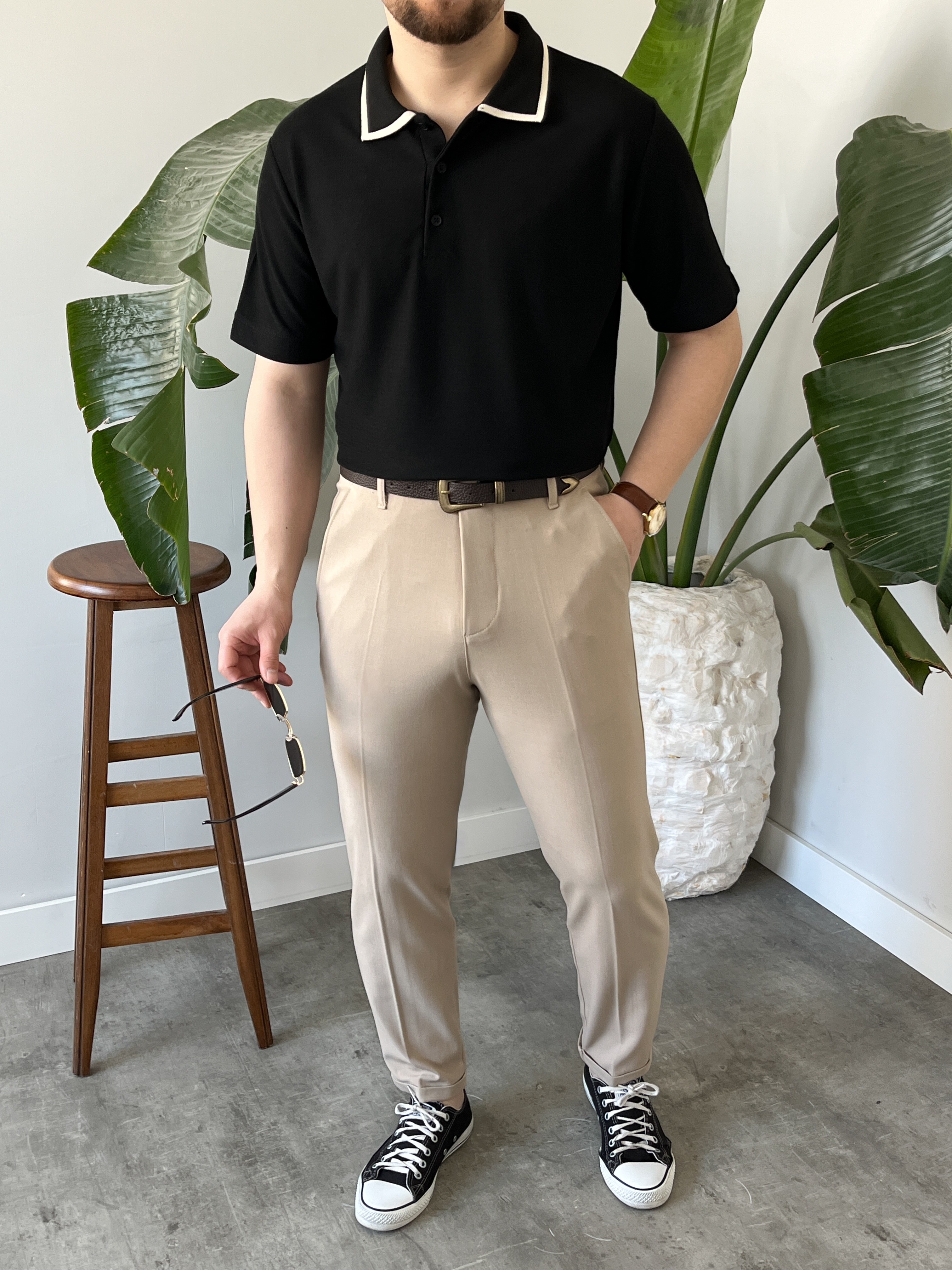 Siyah Çizgi Detay Polo Yaka Triko T-shirt