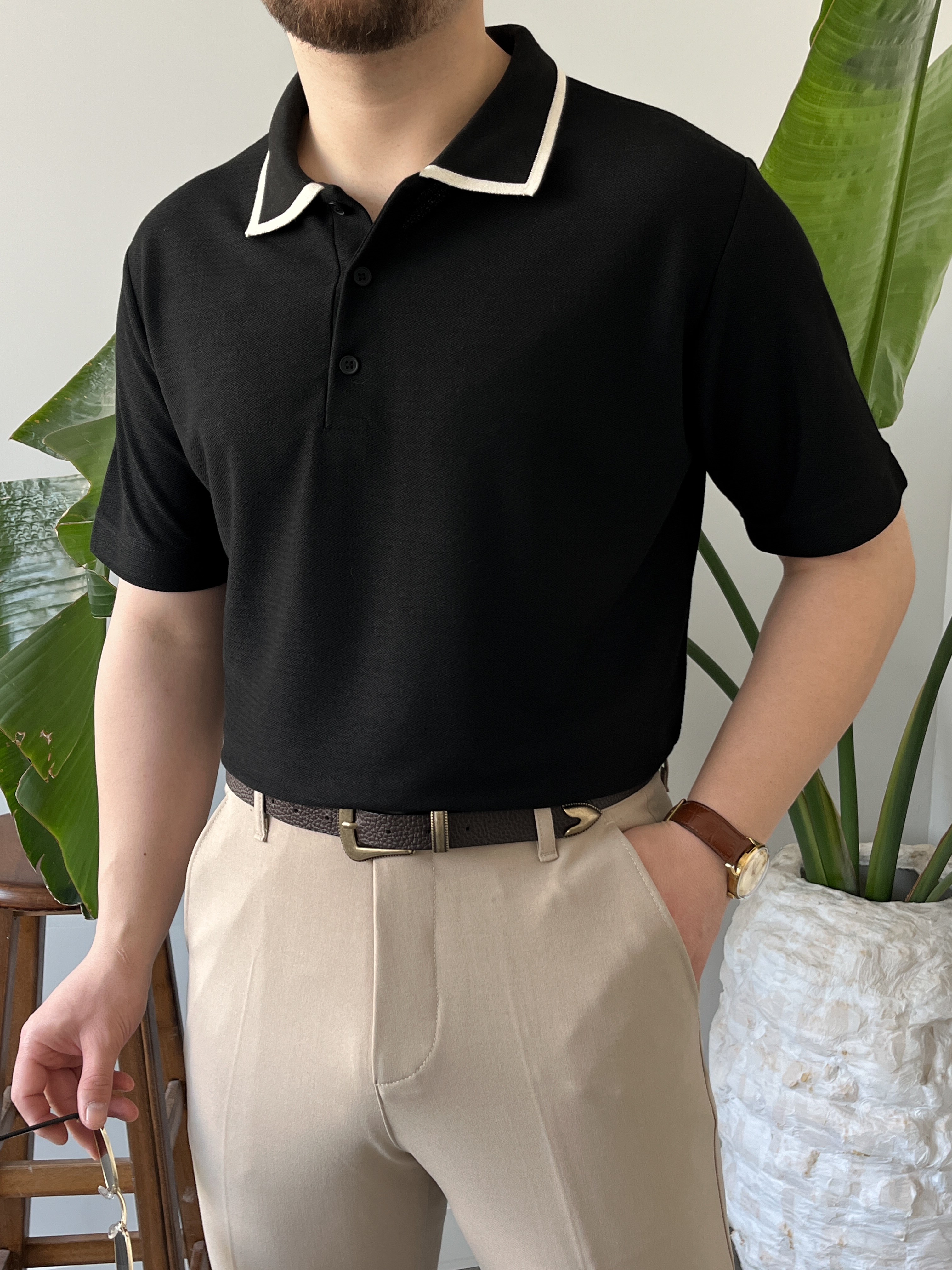 Siyah Çizgi Detay Polo Yaka Triko T-shirt