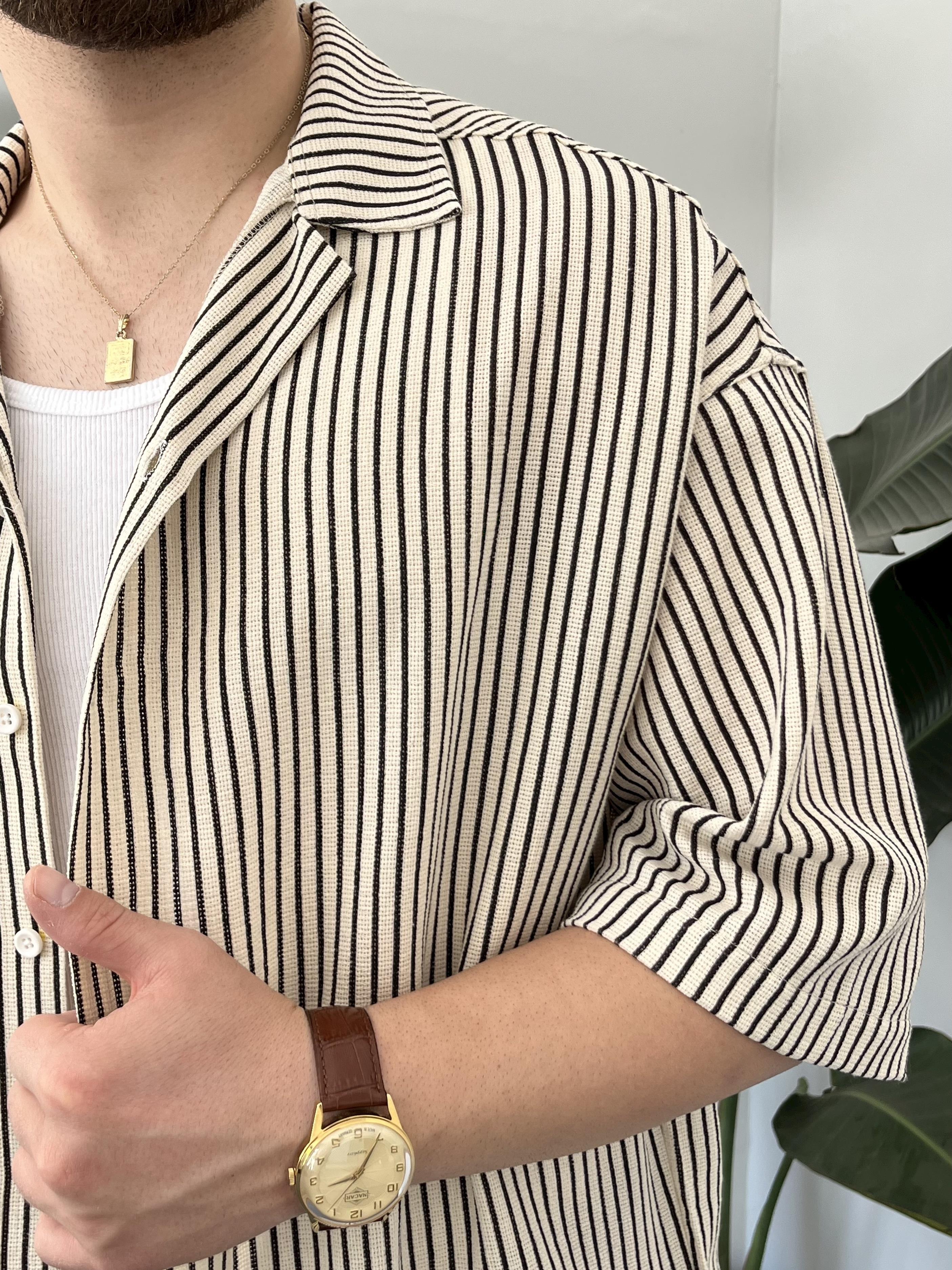 Siyah Çizgili Etamin Keten Oversize Gömlek