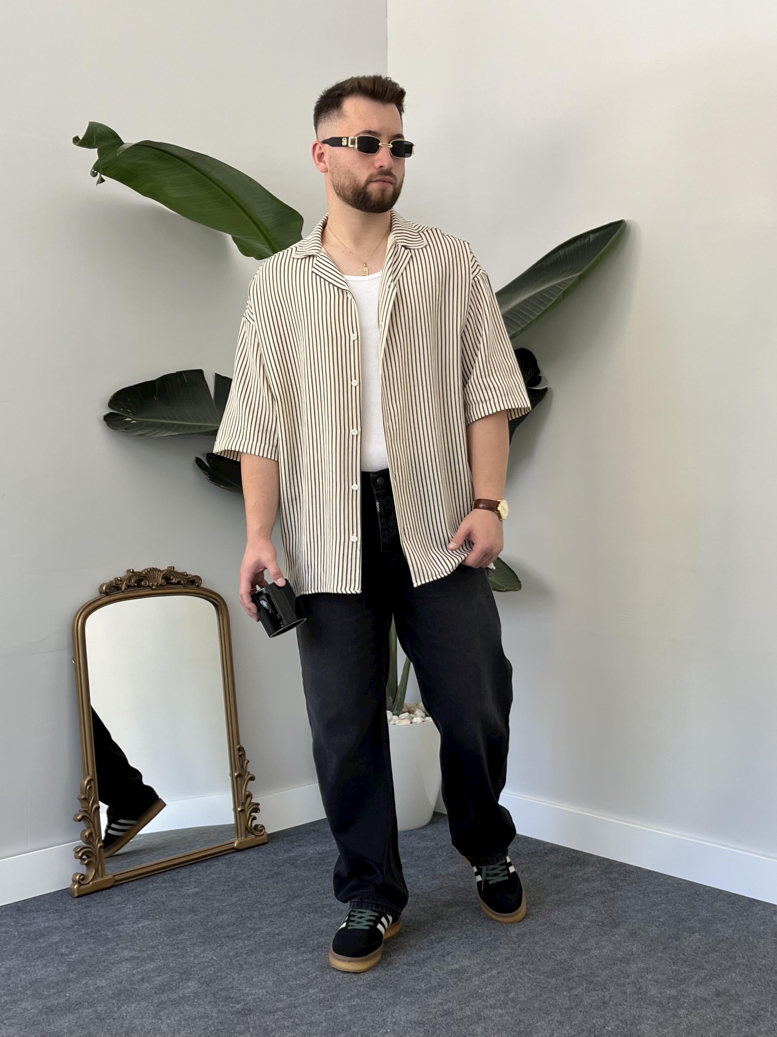 Siyah Çizgili Etamin Keten Oversize Gömlek