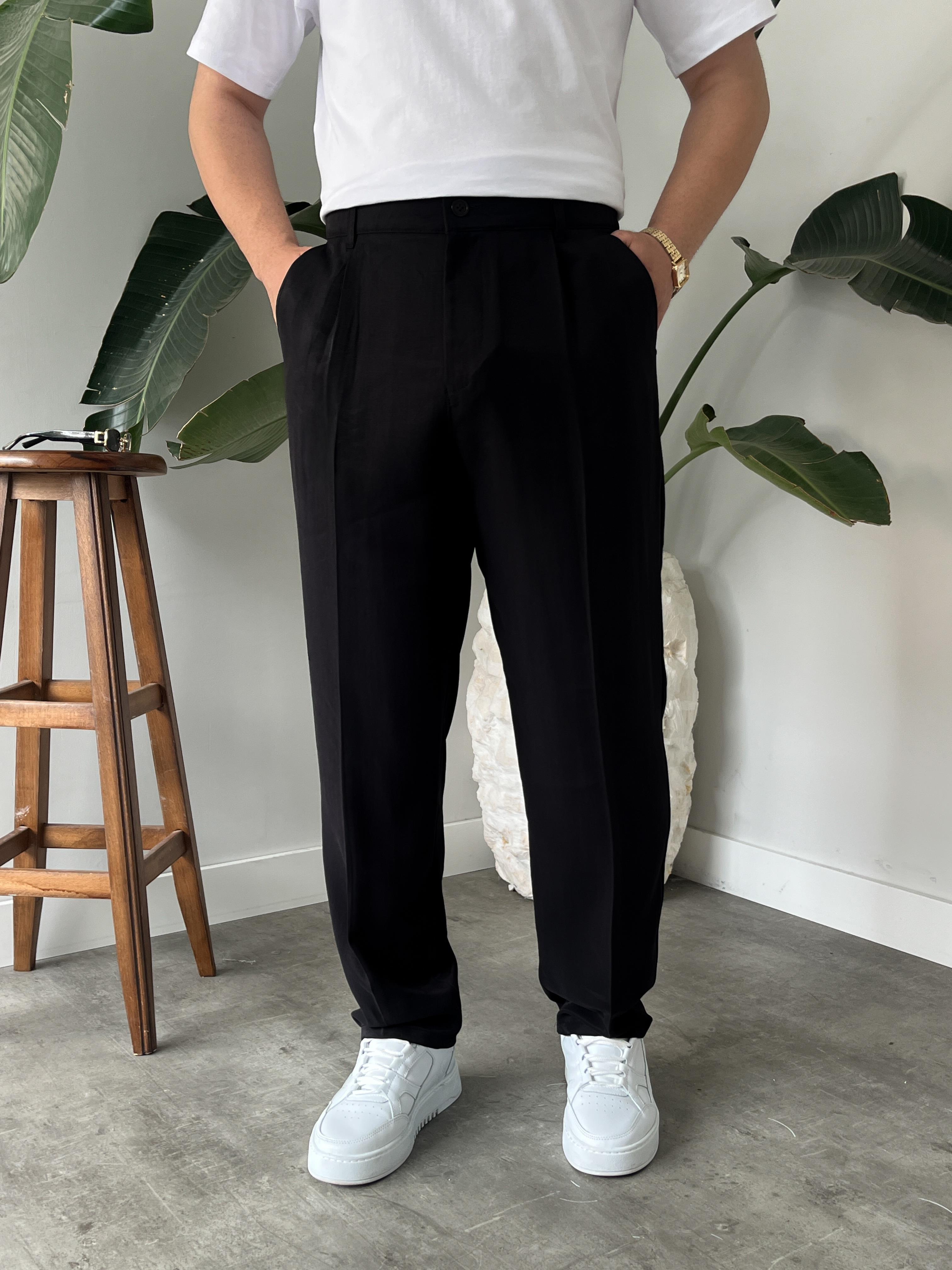 Siyah Deluxe Pileli Modal Kumaş Baggy Pantolon