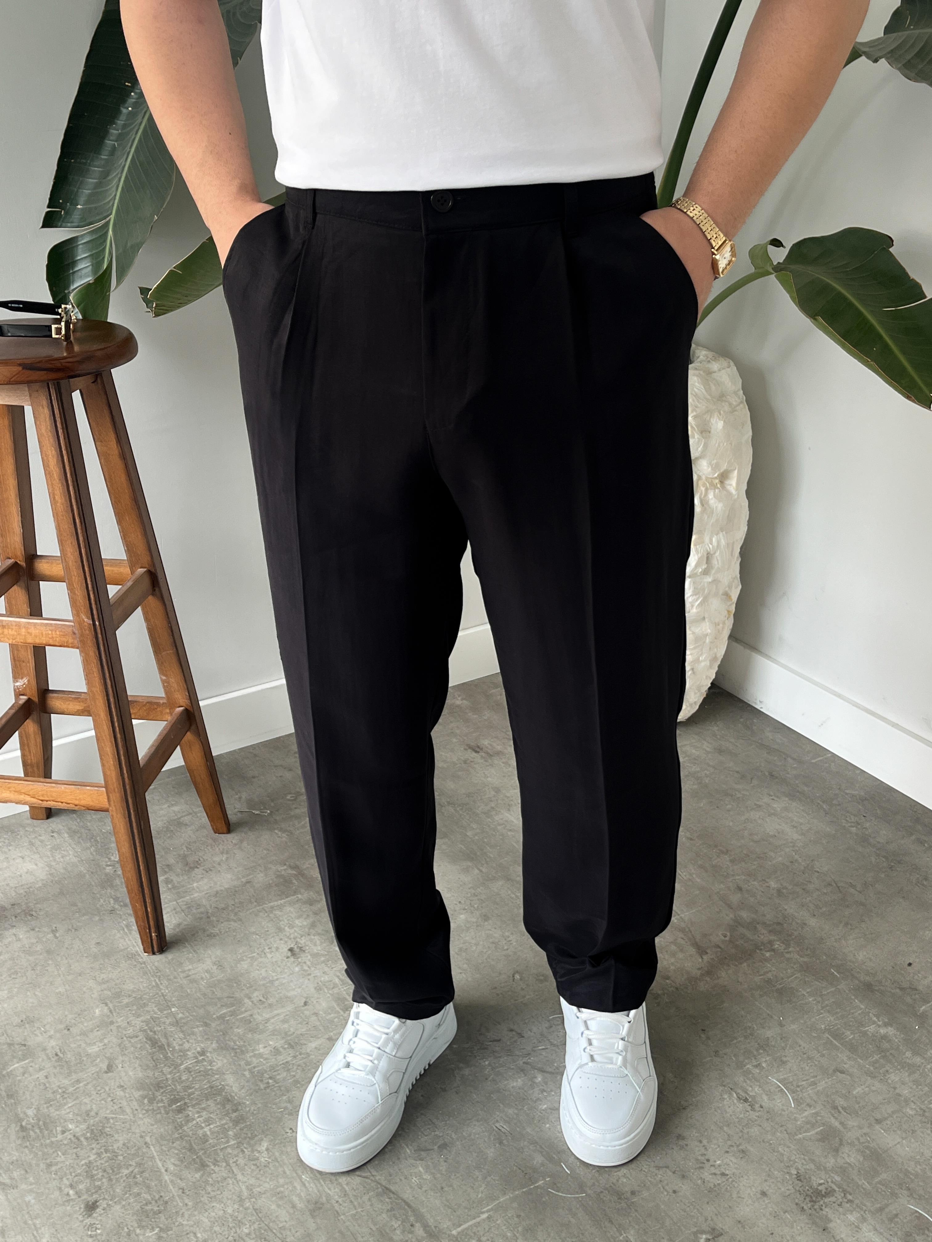 Siyah Deluxe Pileli Modal Kumaş Baggy Pantolon