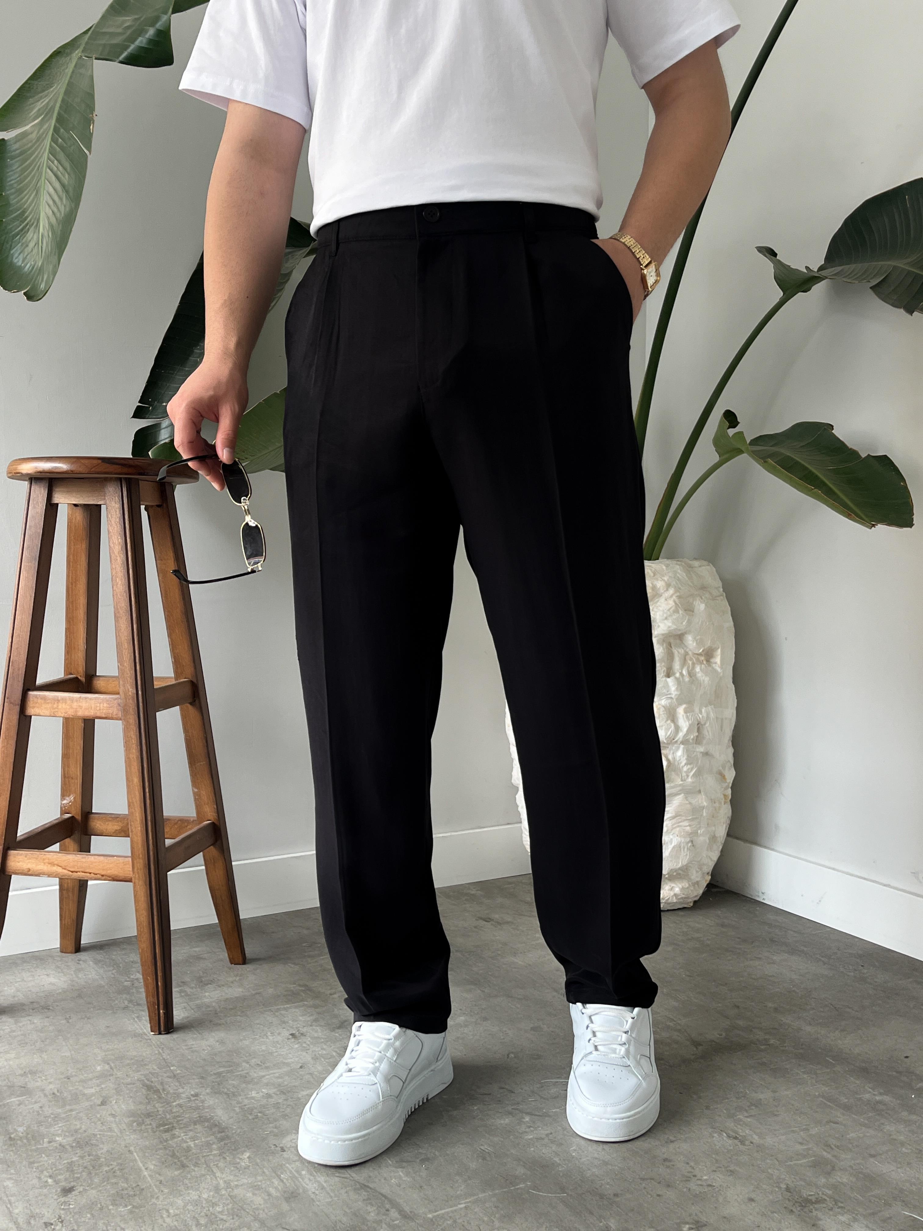 Siyah Deluxe Pileli Modal Kumaş Baggy Pantolon