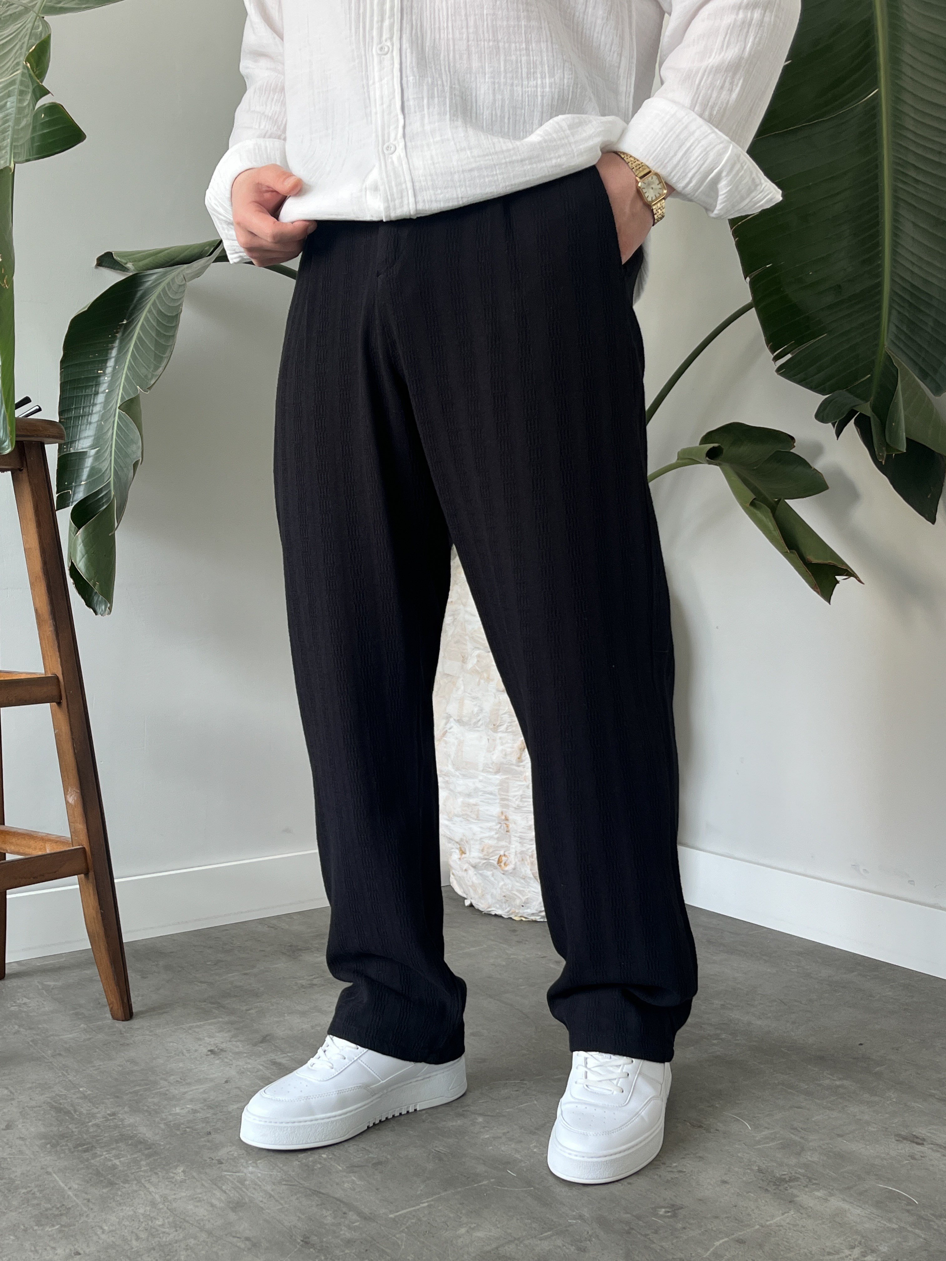 Siyah Desenli Keten Baggy Pantolon