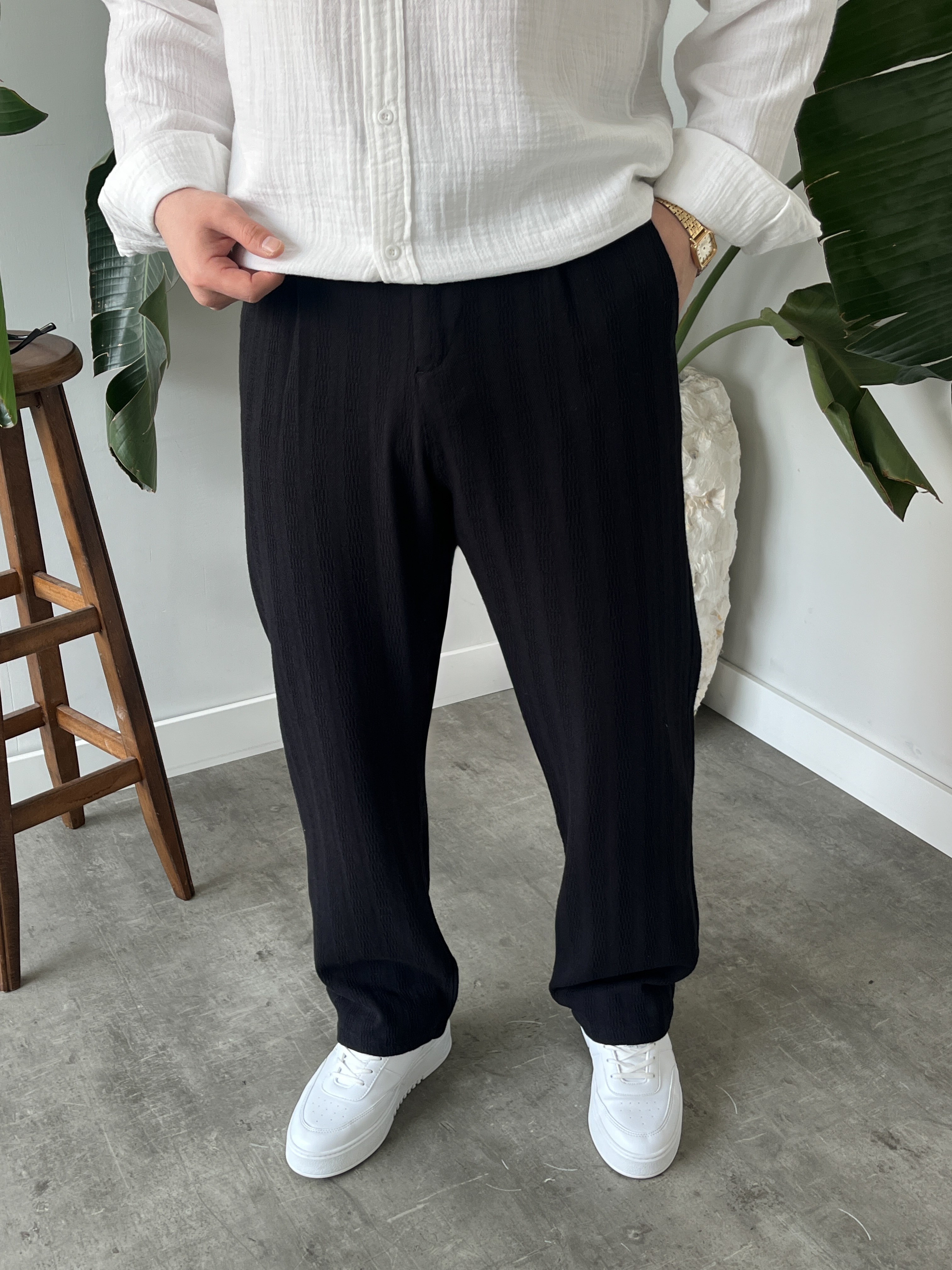 Siyah Desenli Keten Baggy Pantolon