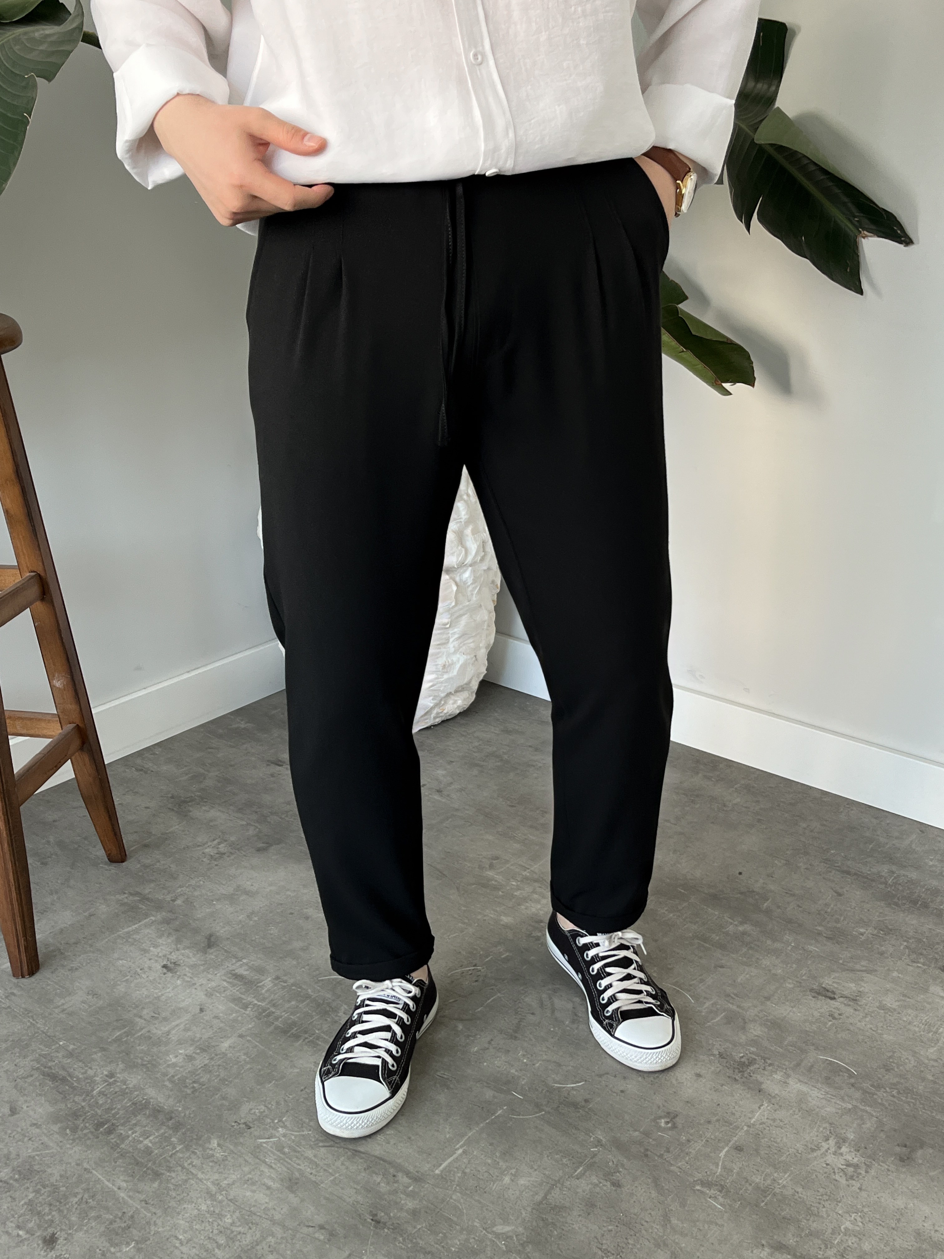 Siyah Duble Paça Kumaş Jogger Pantolon