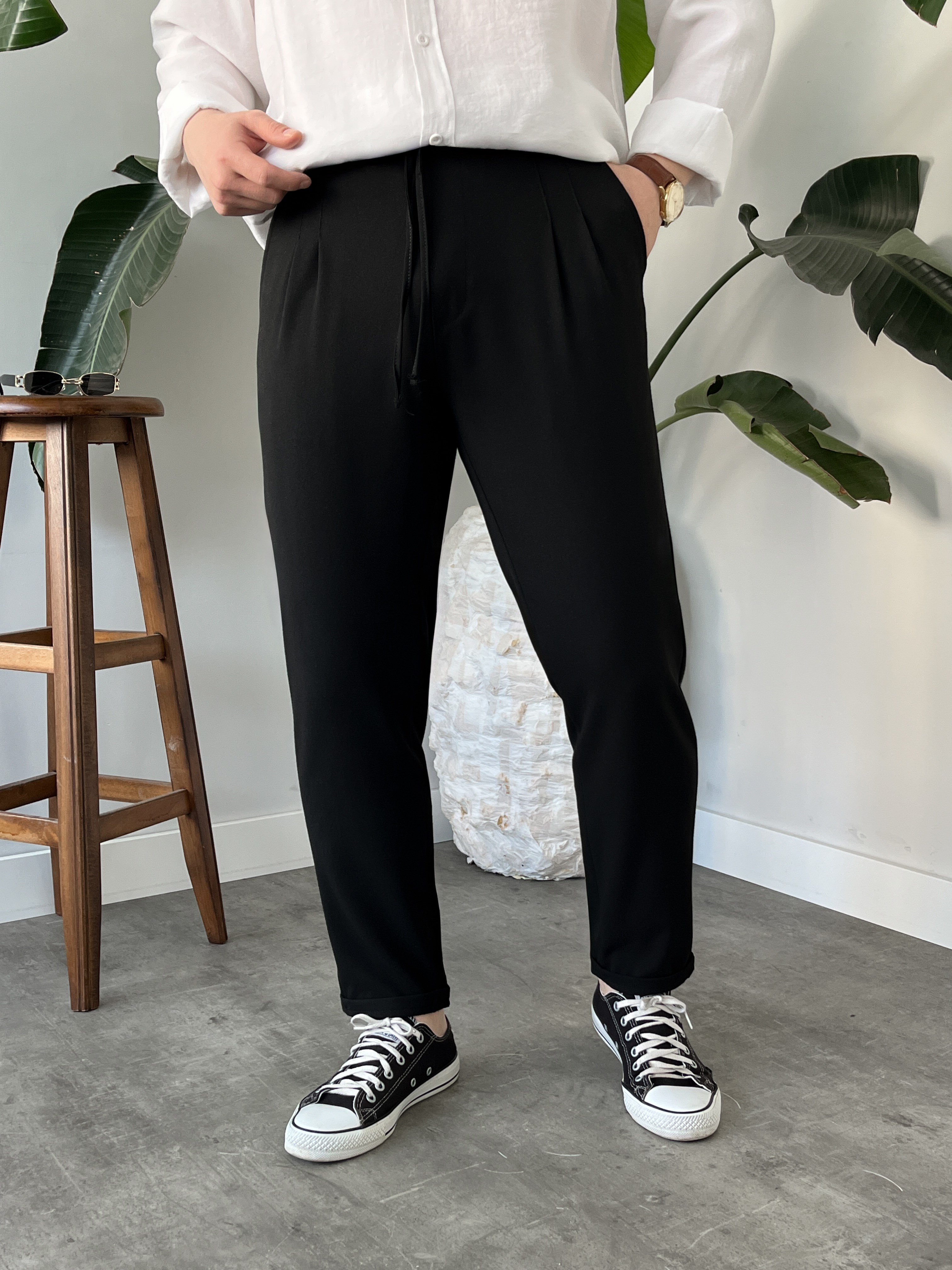 Siyah Duble Paça Kumaş Jogger Pantolon