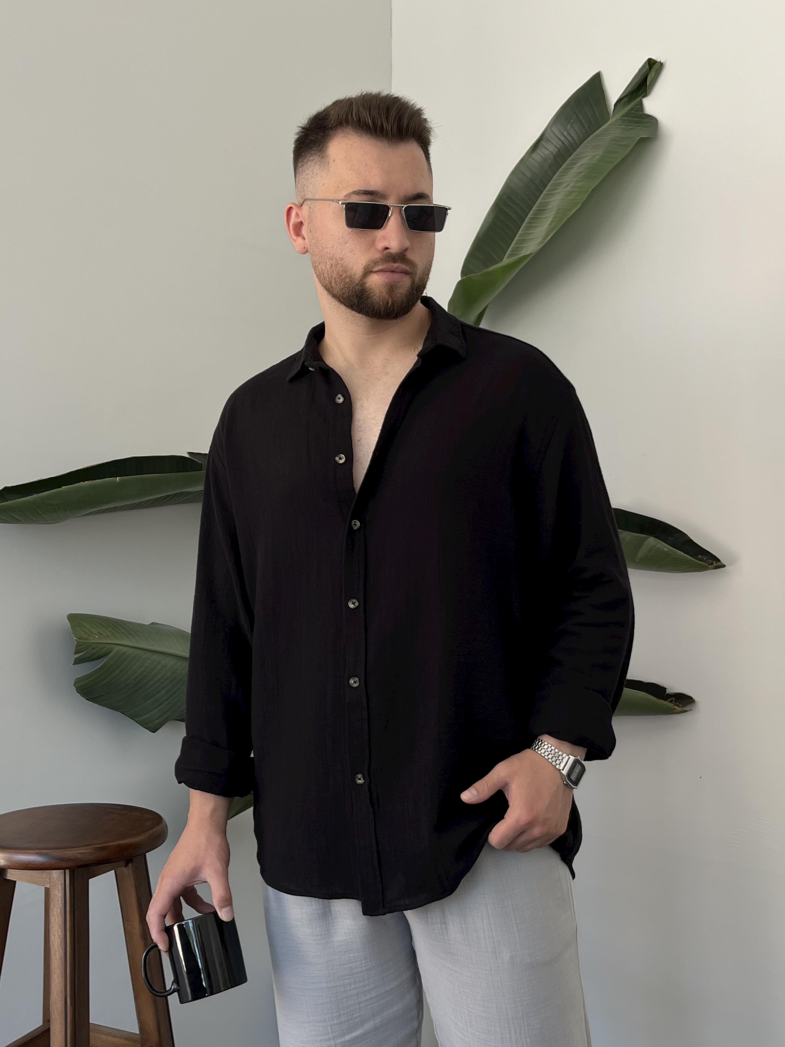 Siyah Etamin Keten Oversize Gömlek