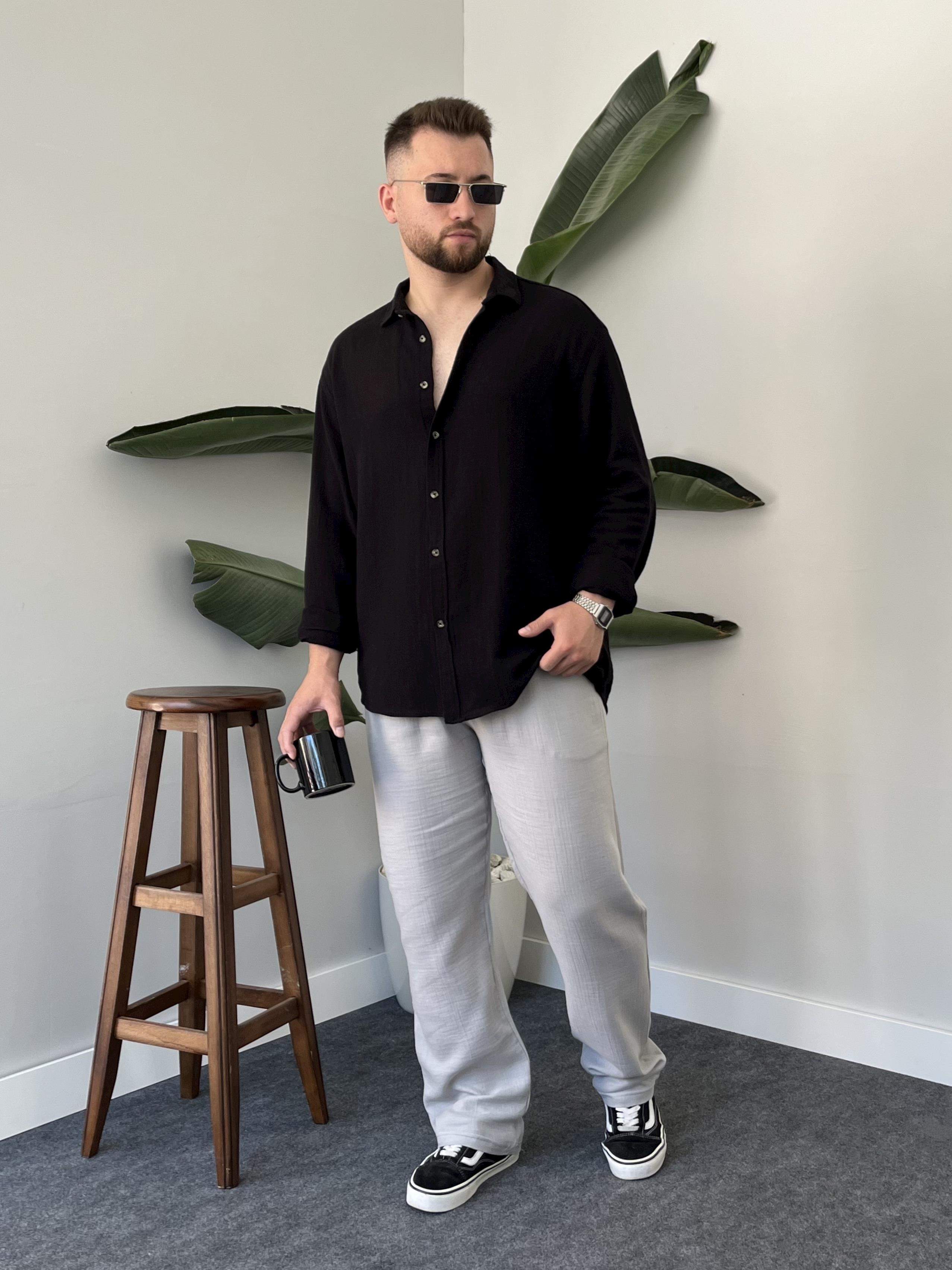 Siyah Etamin Keten Oversize Gömlek