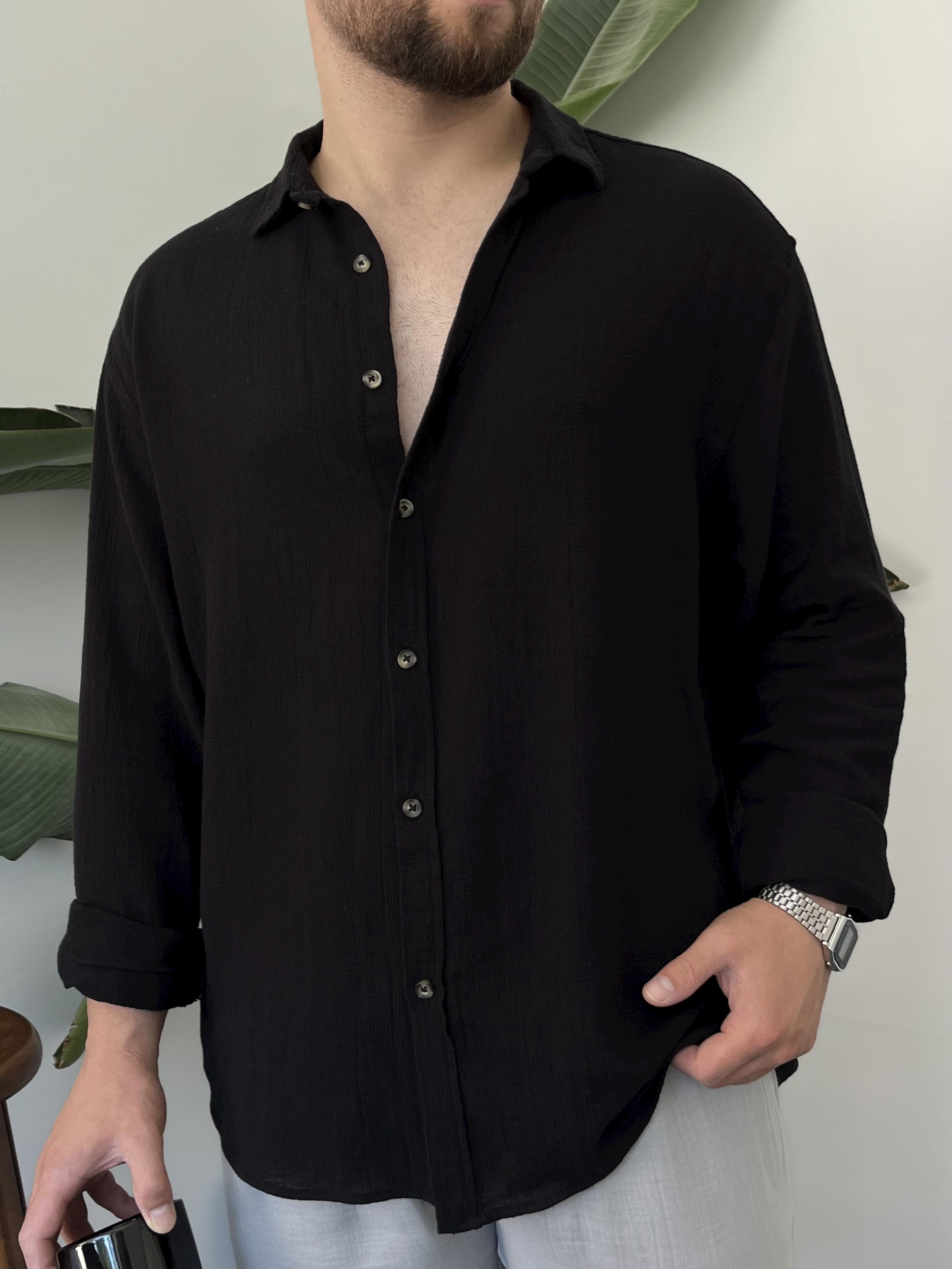 Siyah Etamin Keten Oversize Gömlek