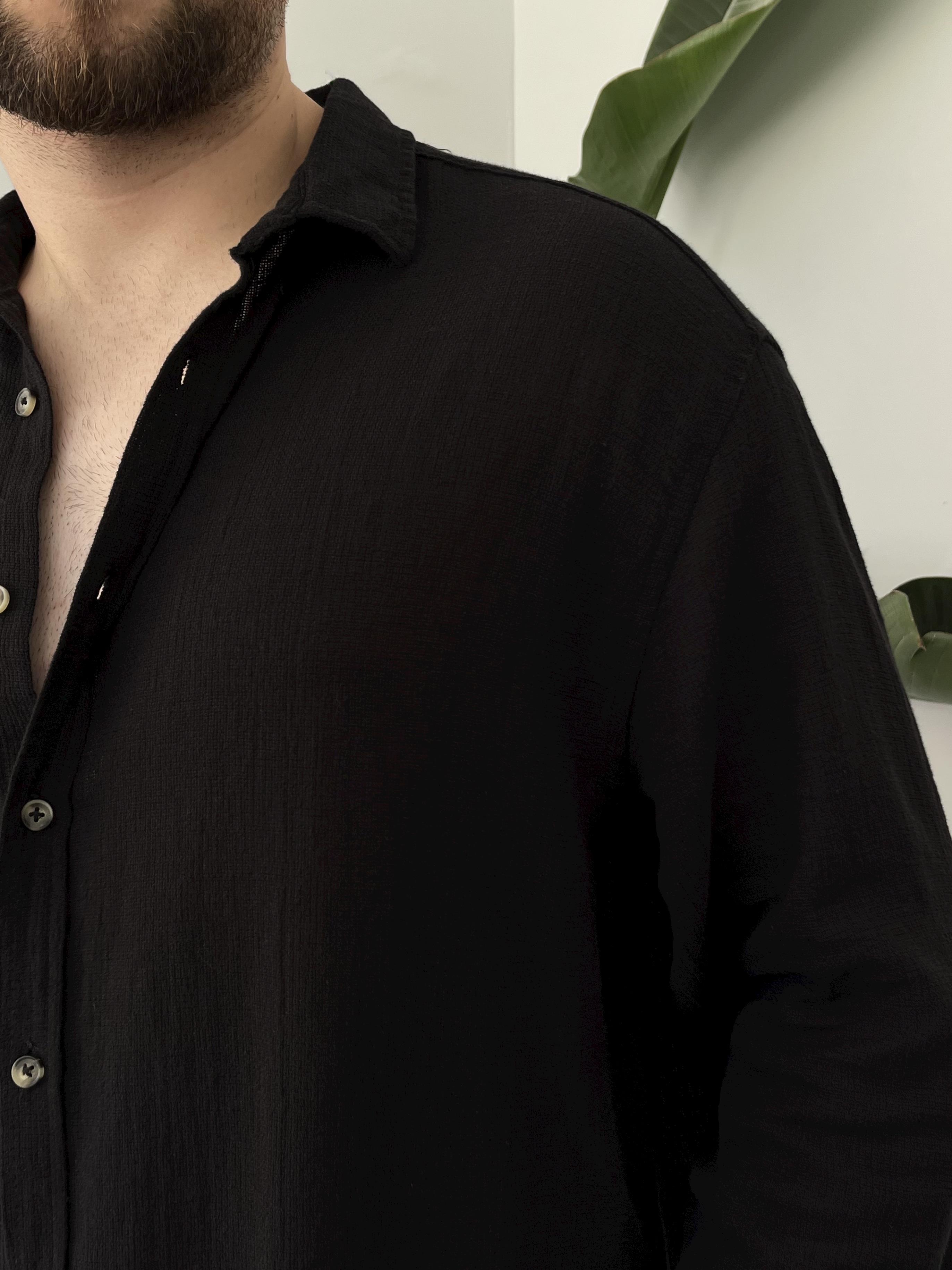 Siyah Etamin Keten Oversize Gömlek