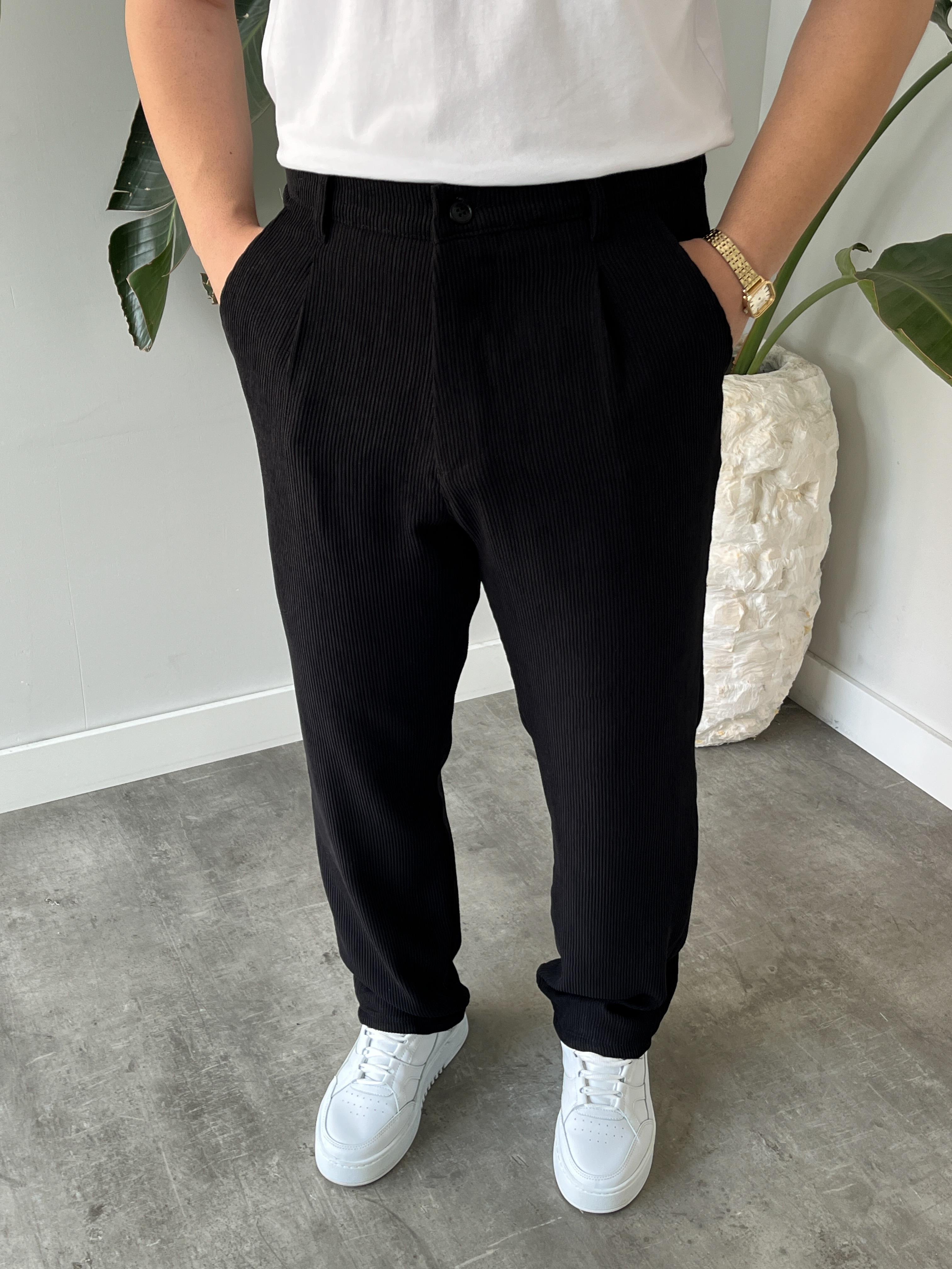 Siyah Fitilli Kadife Baggy Pantolon