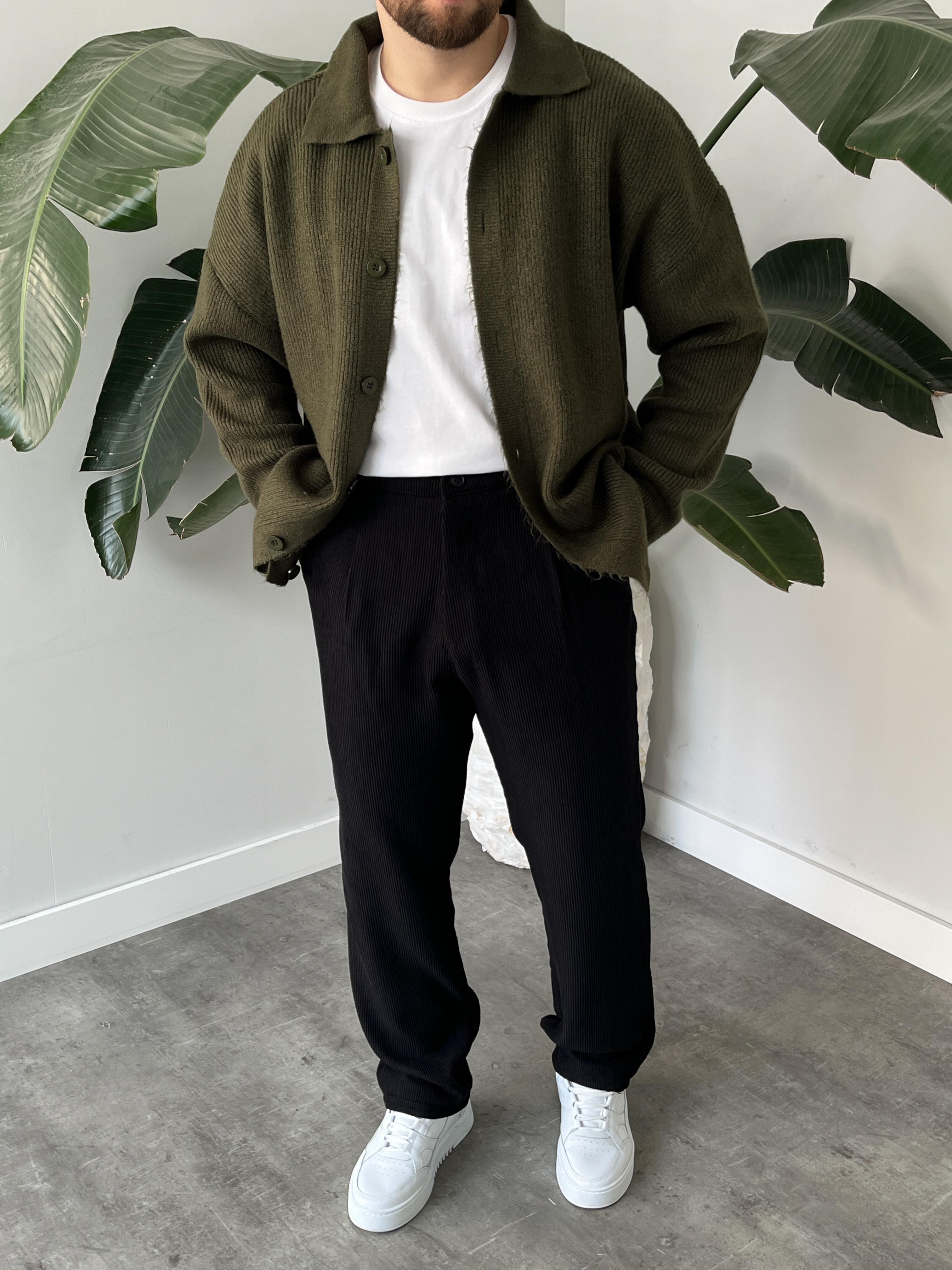 Siyah Fitilli Kadife Baggy Pantolon