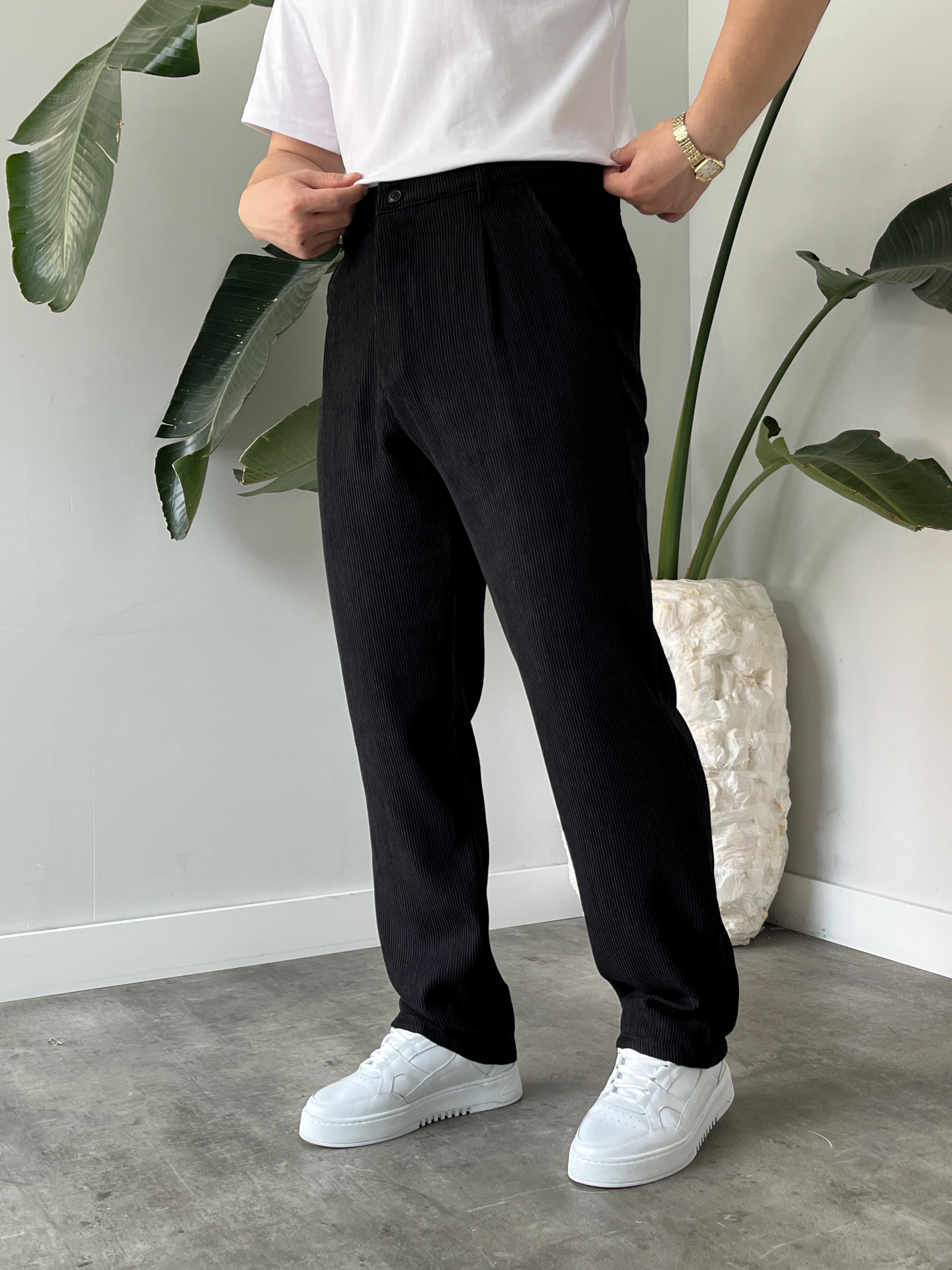 Siyah Fitilli Kadife Baggy Pantolon