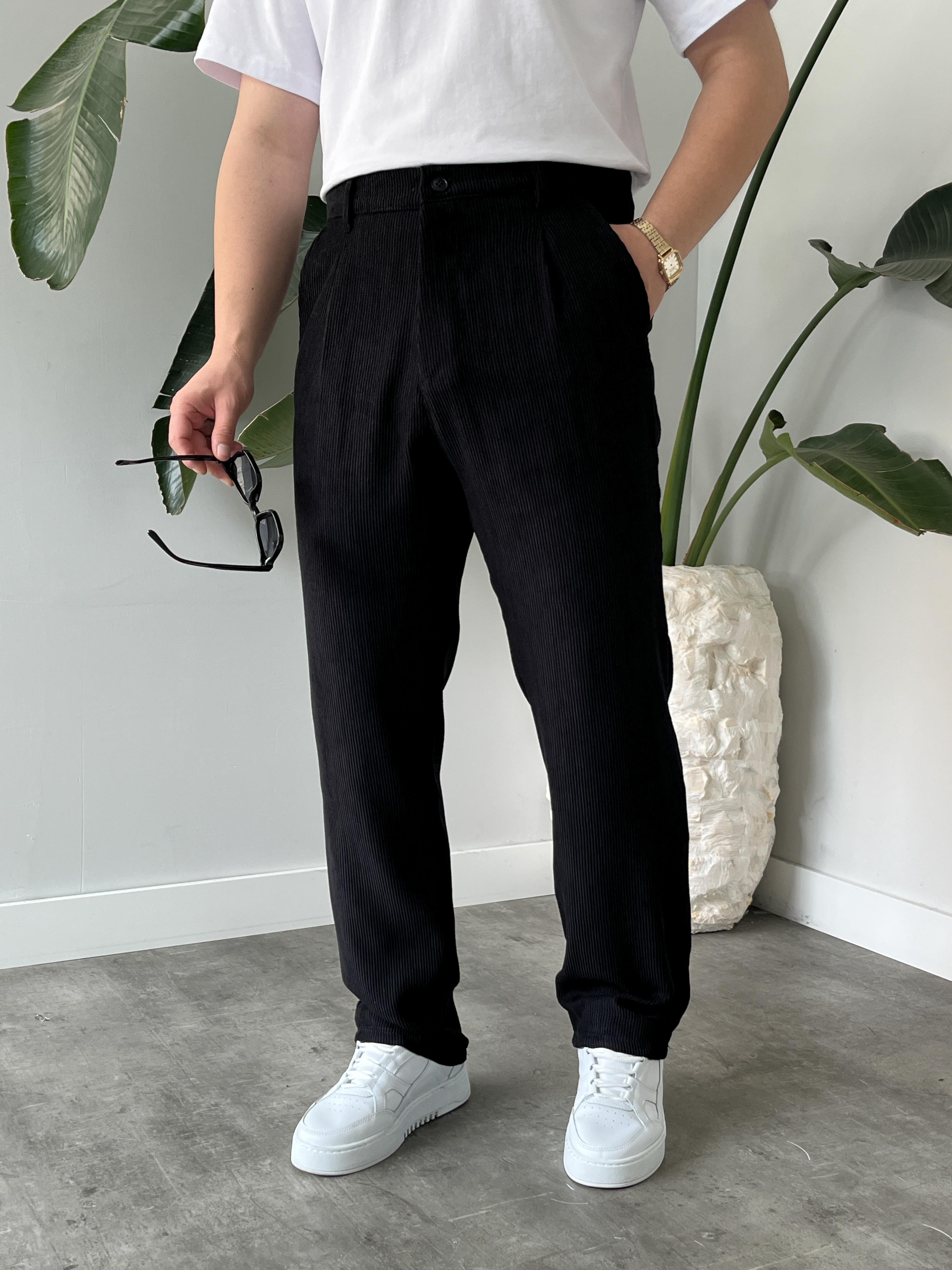 Siyah Fitilli Kadife Baggy Pantolon