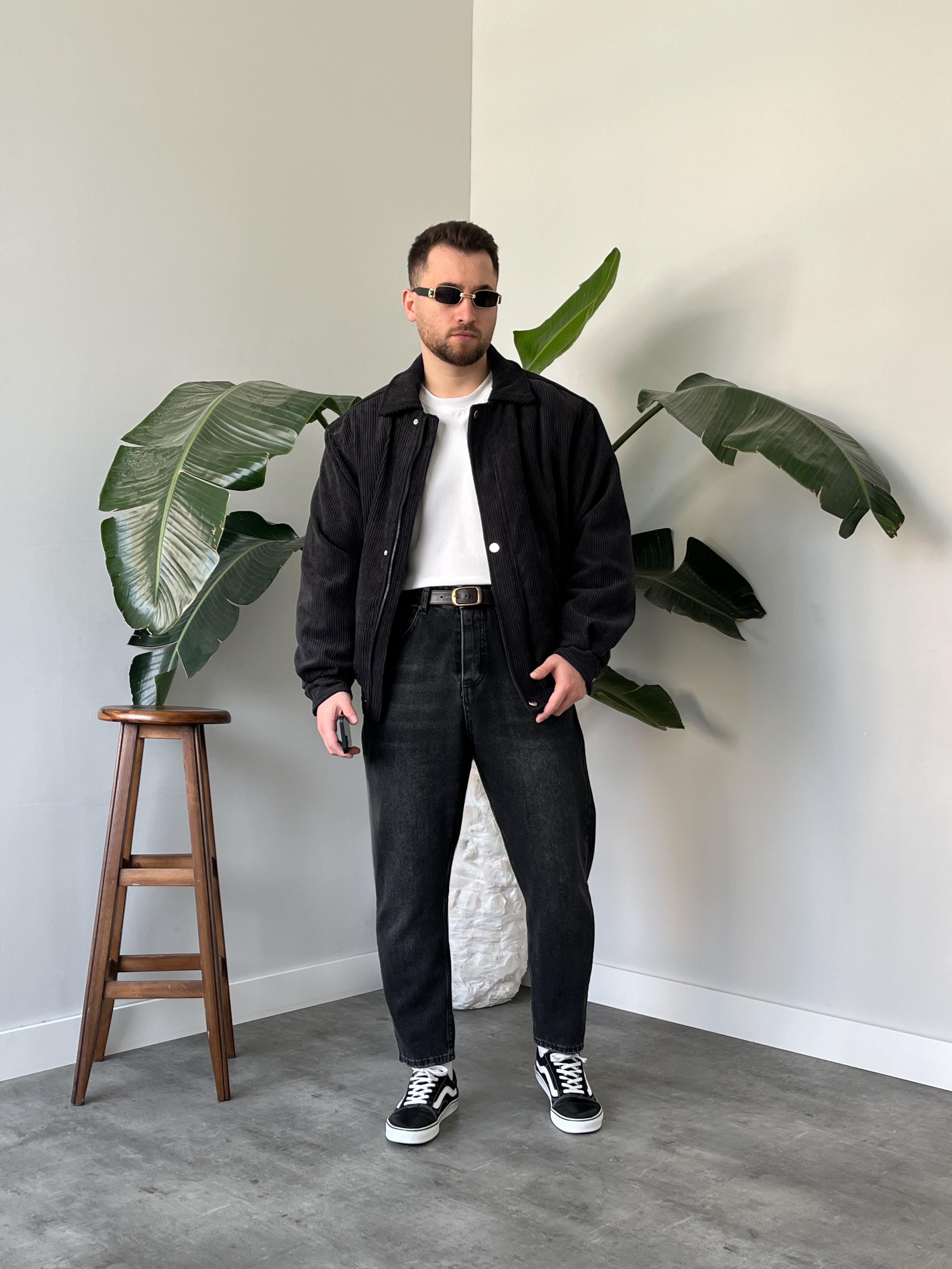 Siyah Fitilli Kadife Bomber Mont