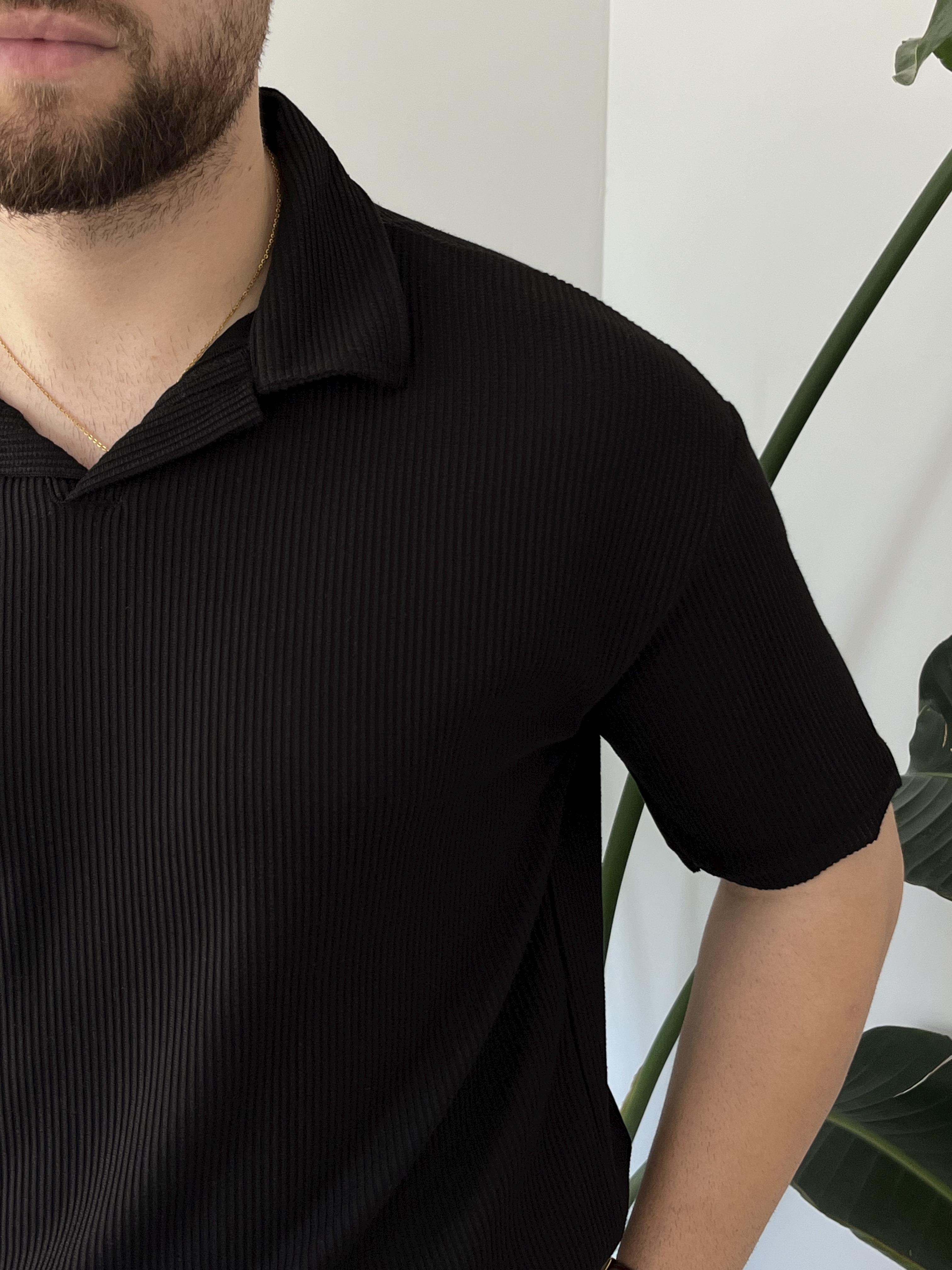 Siyah Fitilli Polo Yaka T-shirt
