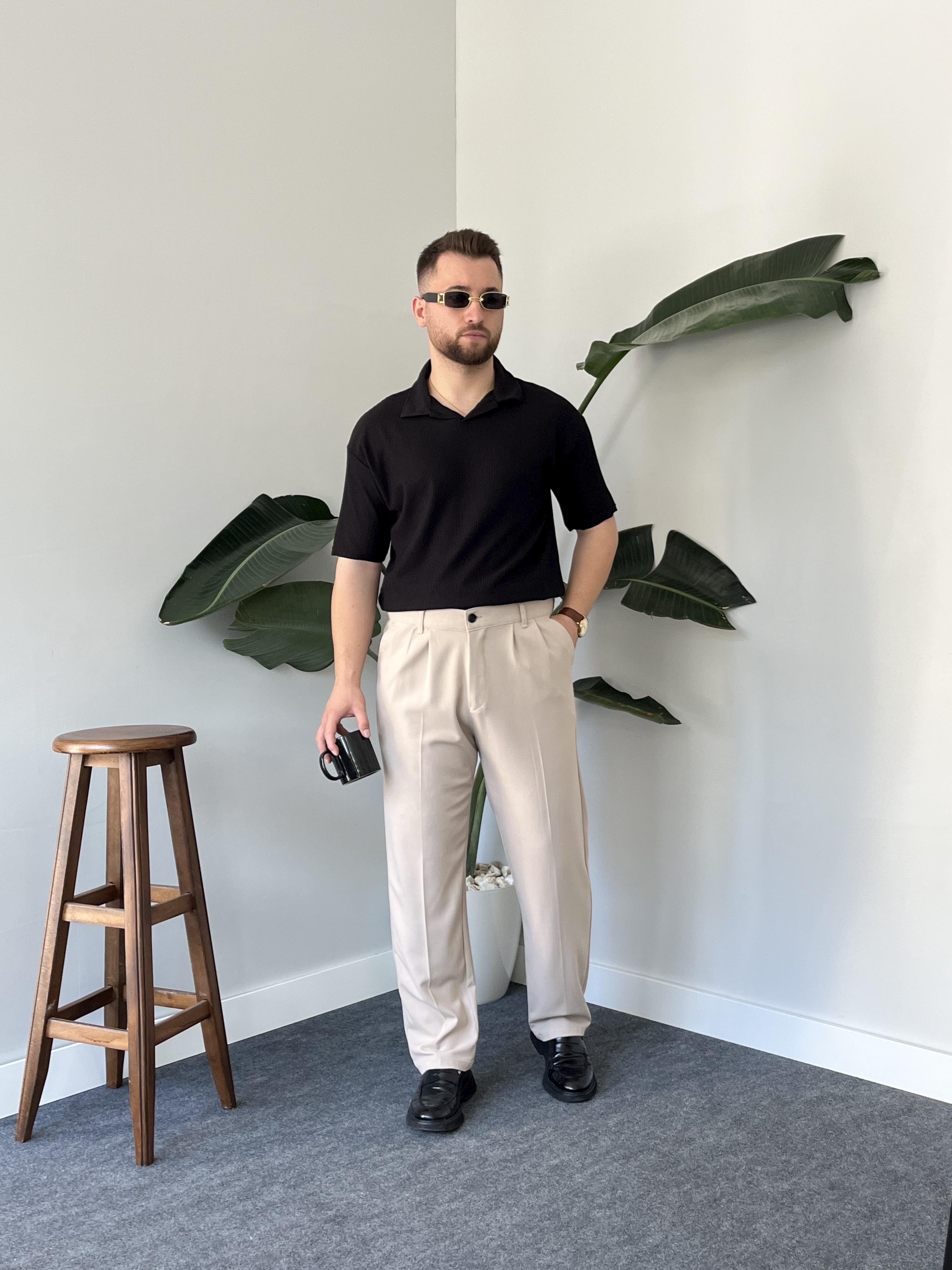 Siyah Fitilli Polo Yaka T-shirt