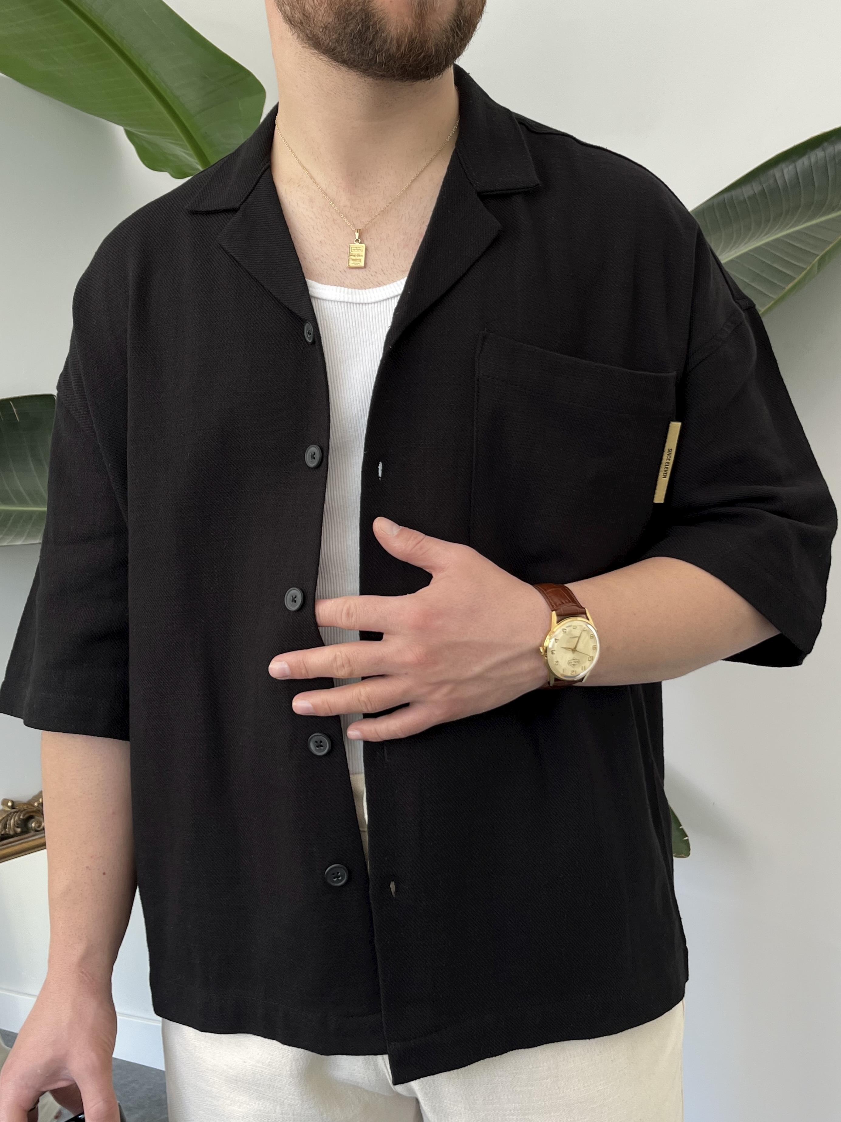 Siyah Gabardin Oversize Gömlek