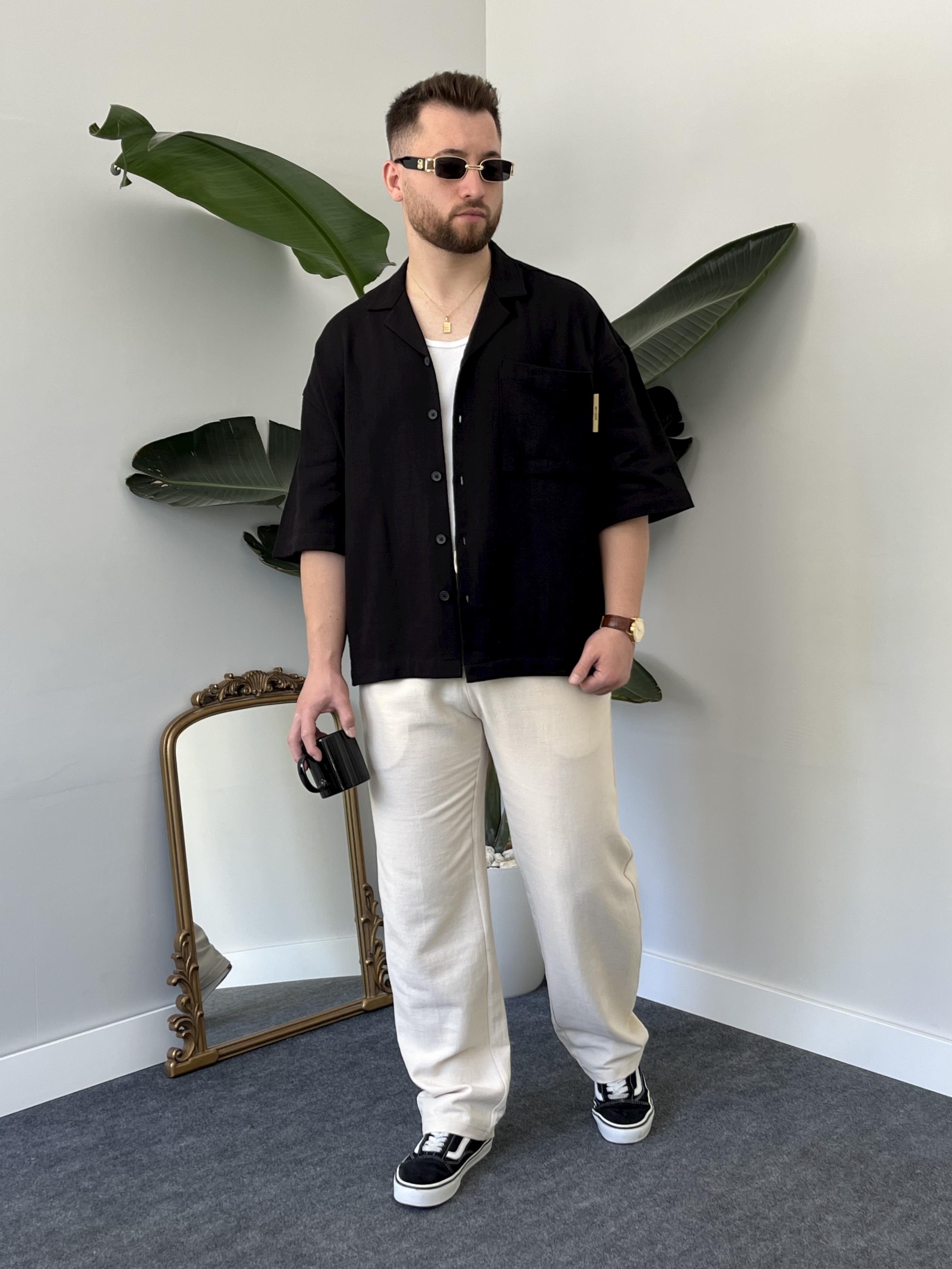 Siyah Gabardin Oversize Gömlek
