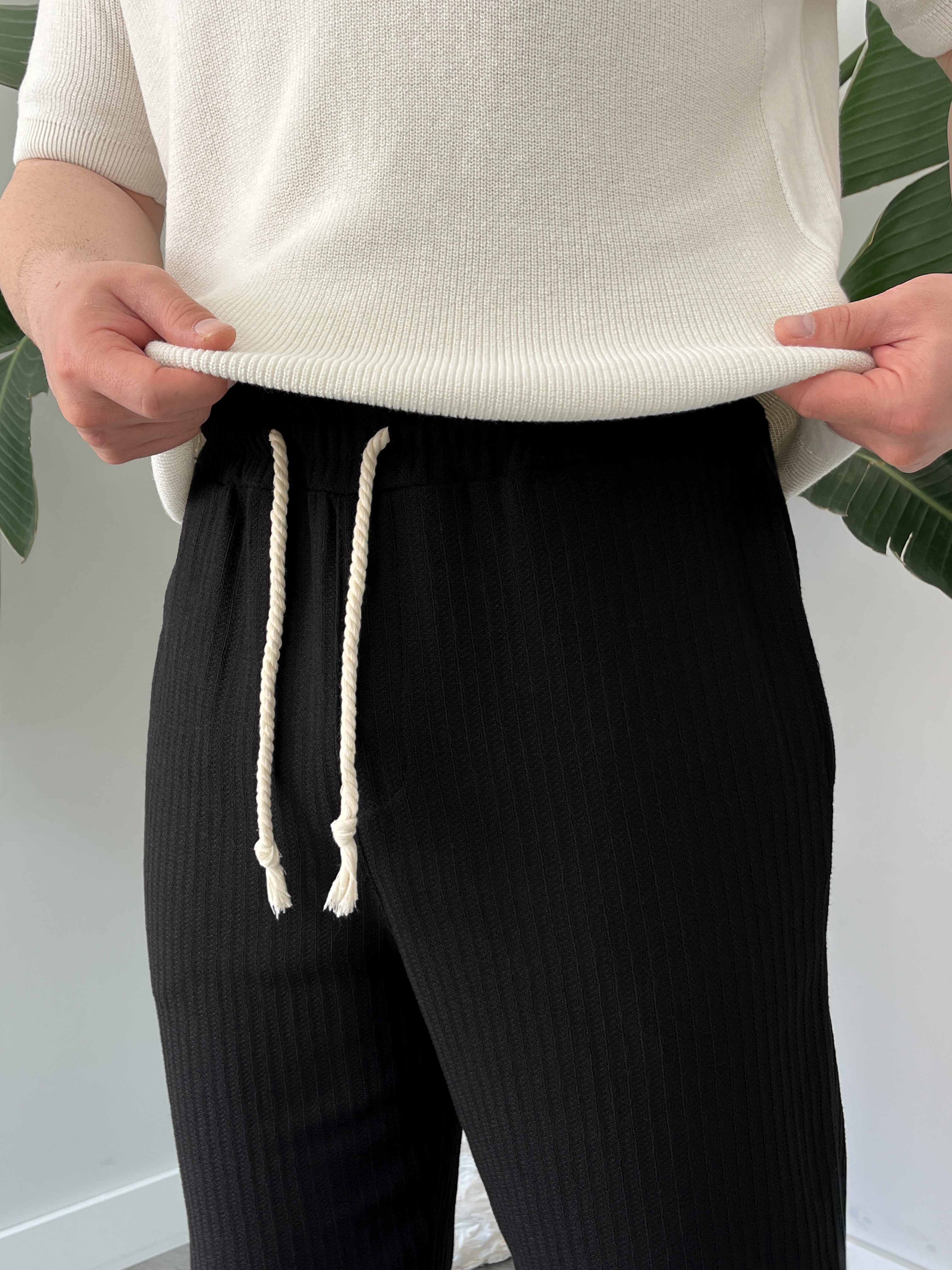 Siyah Halat Bağcık Detay Desenli Baggy Pantolon