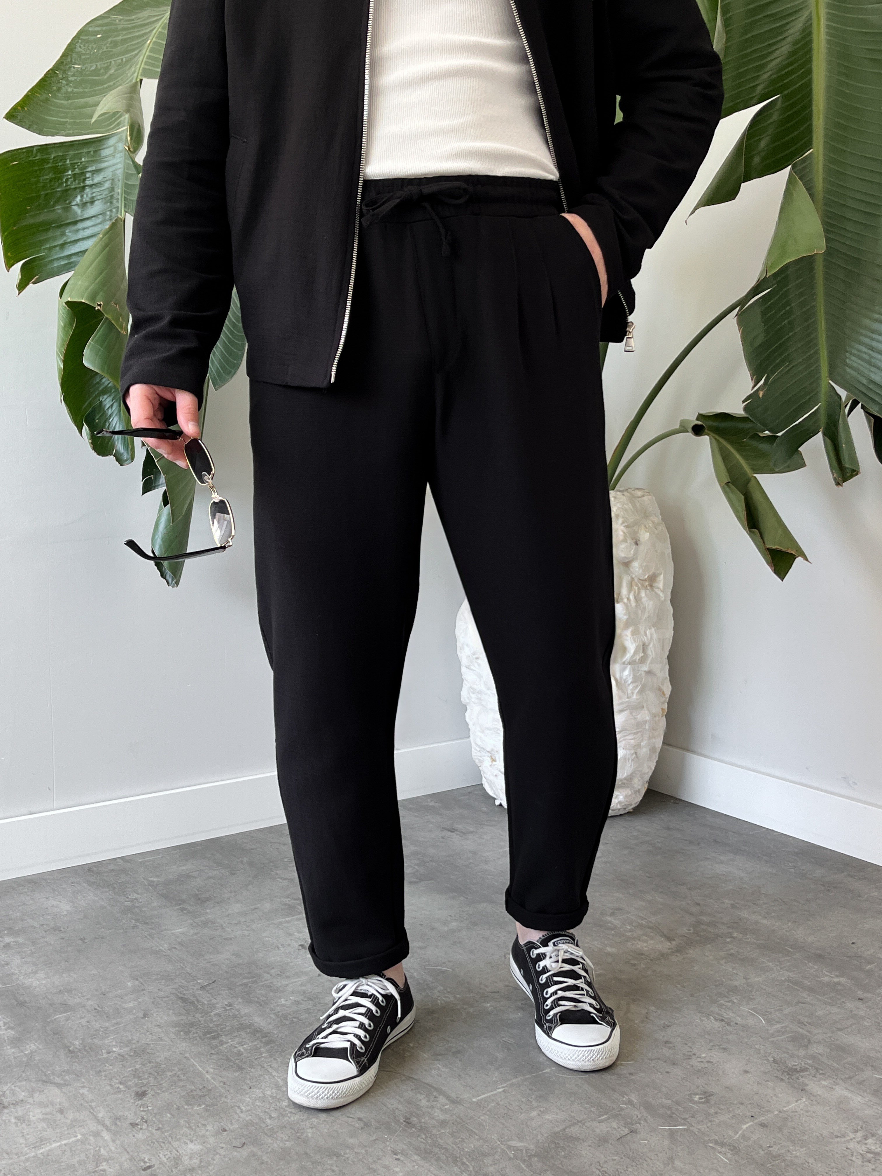 Siyah Casual Keten Mevsimlik Ceket-Pantolon Takım