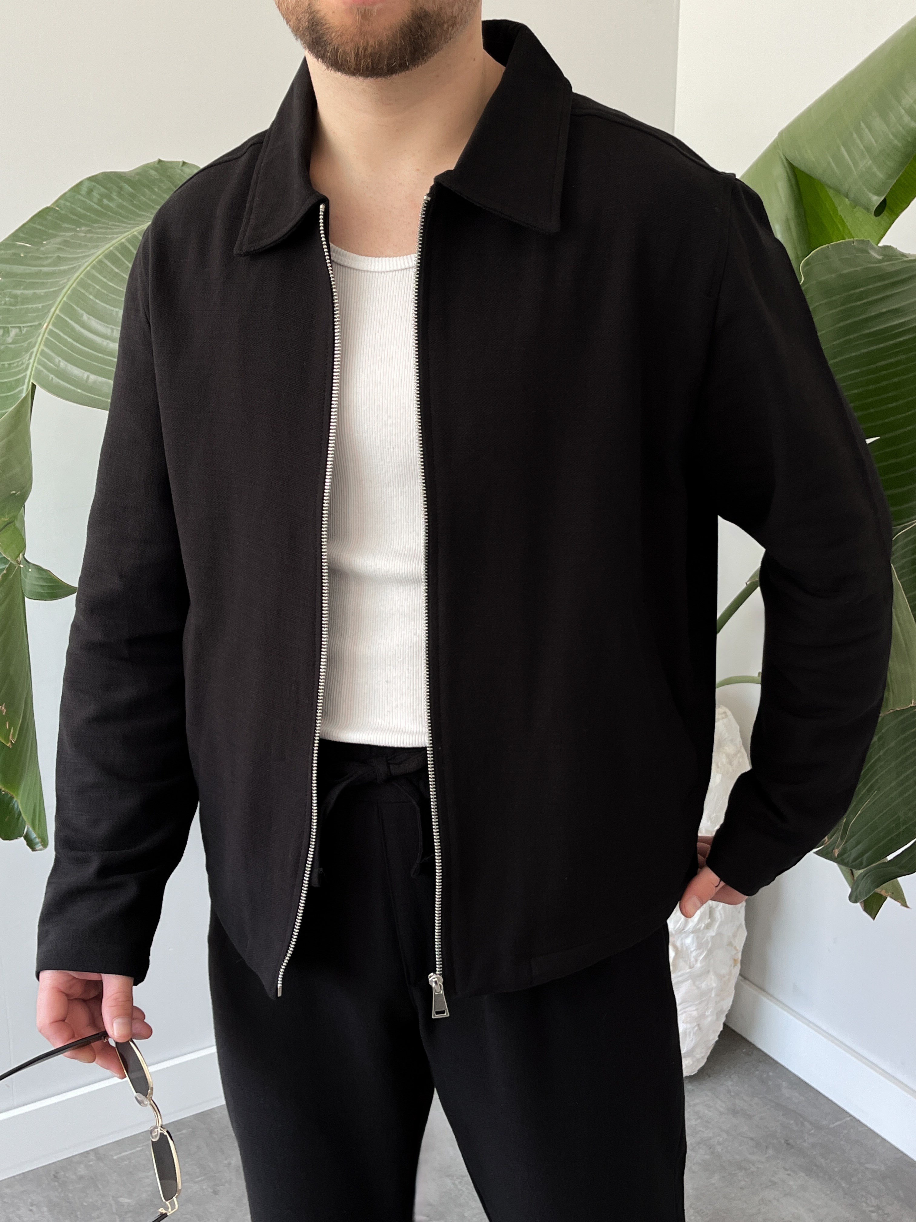Siyah Casual Keten Mevsimlik Ceket-Pantolon Takım