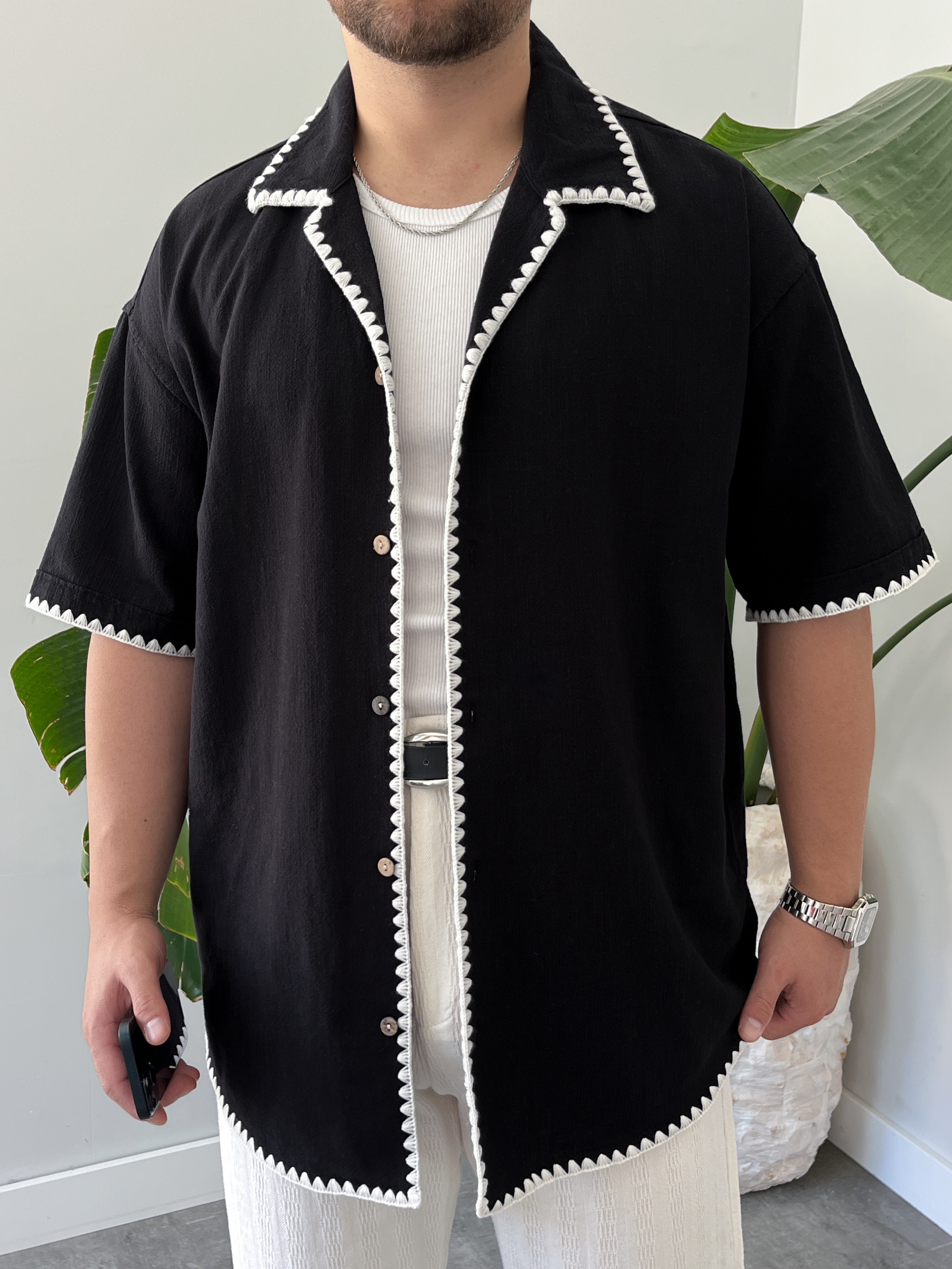 Siyah Kontrast Dikiş Keten Oversize Gömlek
