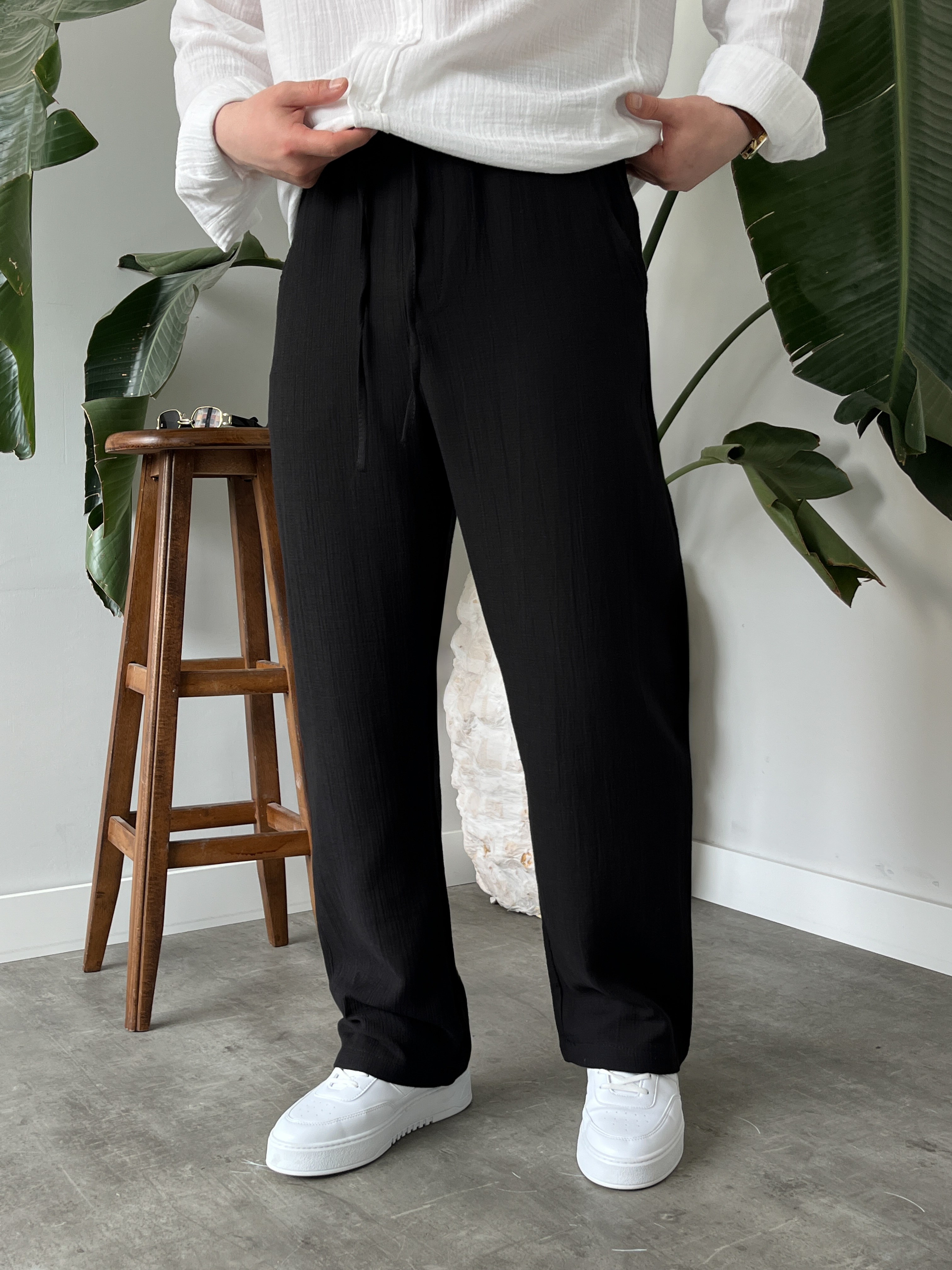 Siyah Premium Müslin Dokulu Baggy Pantolon