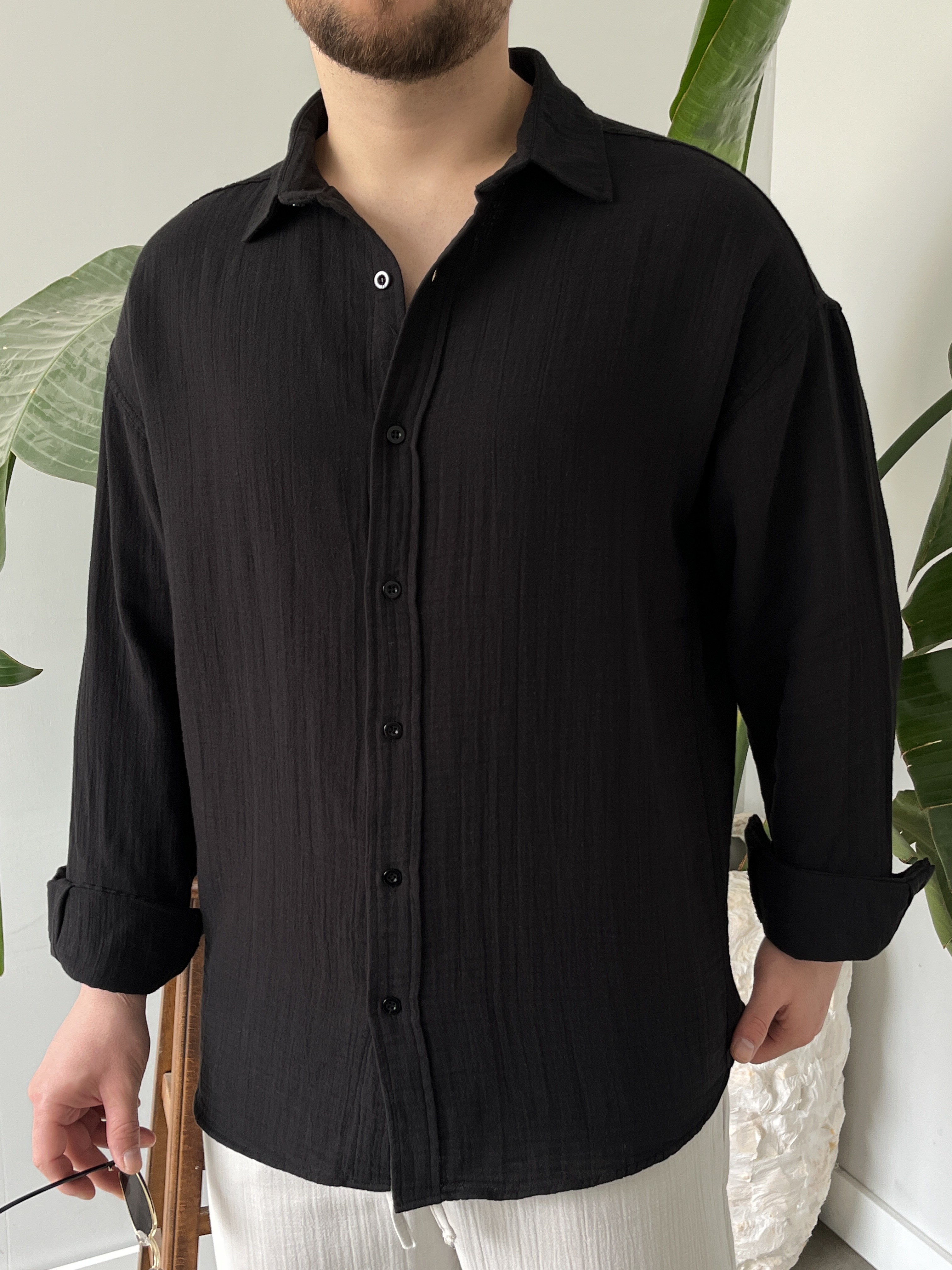 Siyah Premium Müslin Dokulu Oversize Gömlek