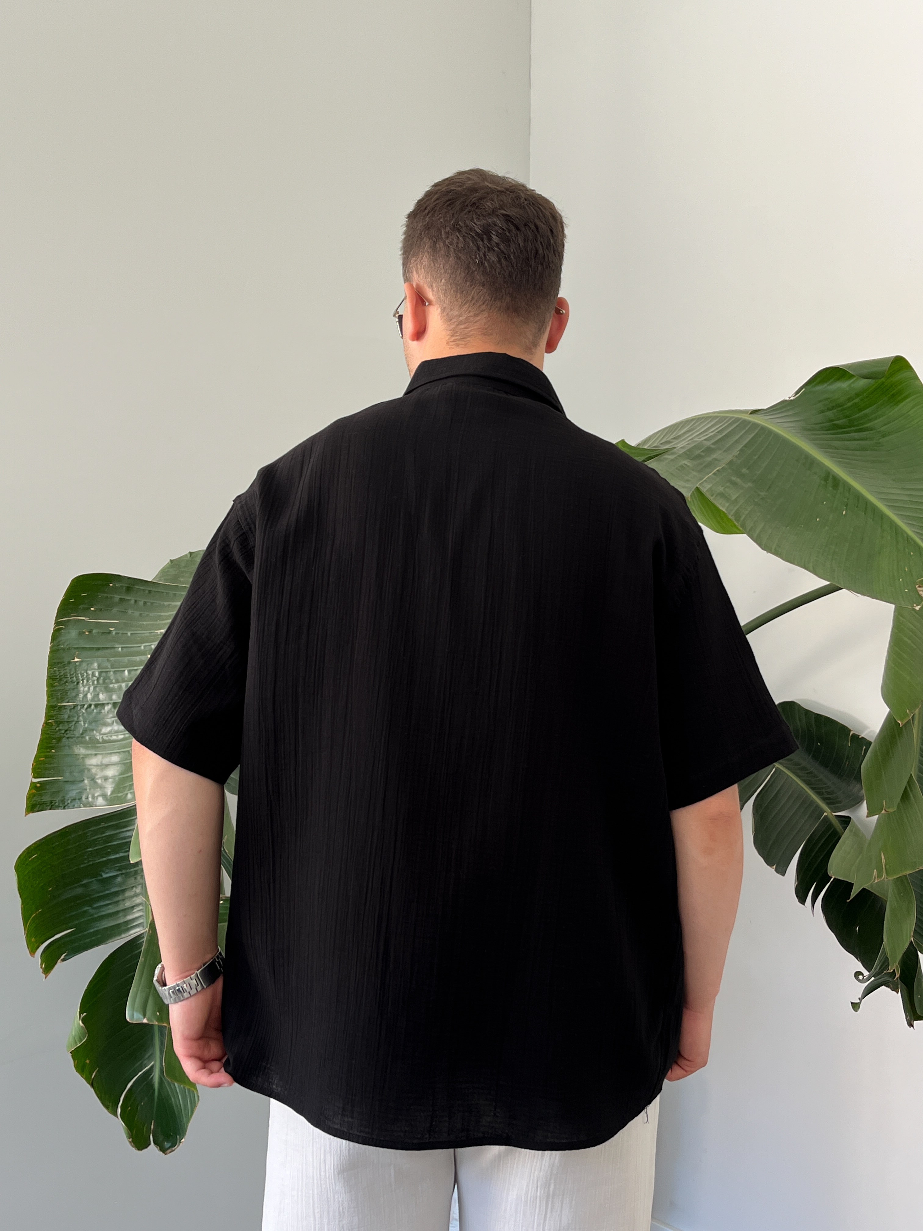 Siyah Müslin Kısa Kollu Oversize Gömlek