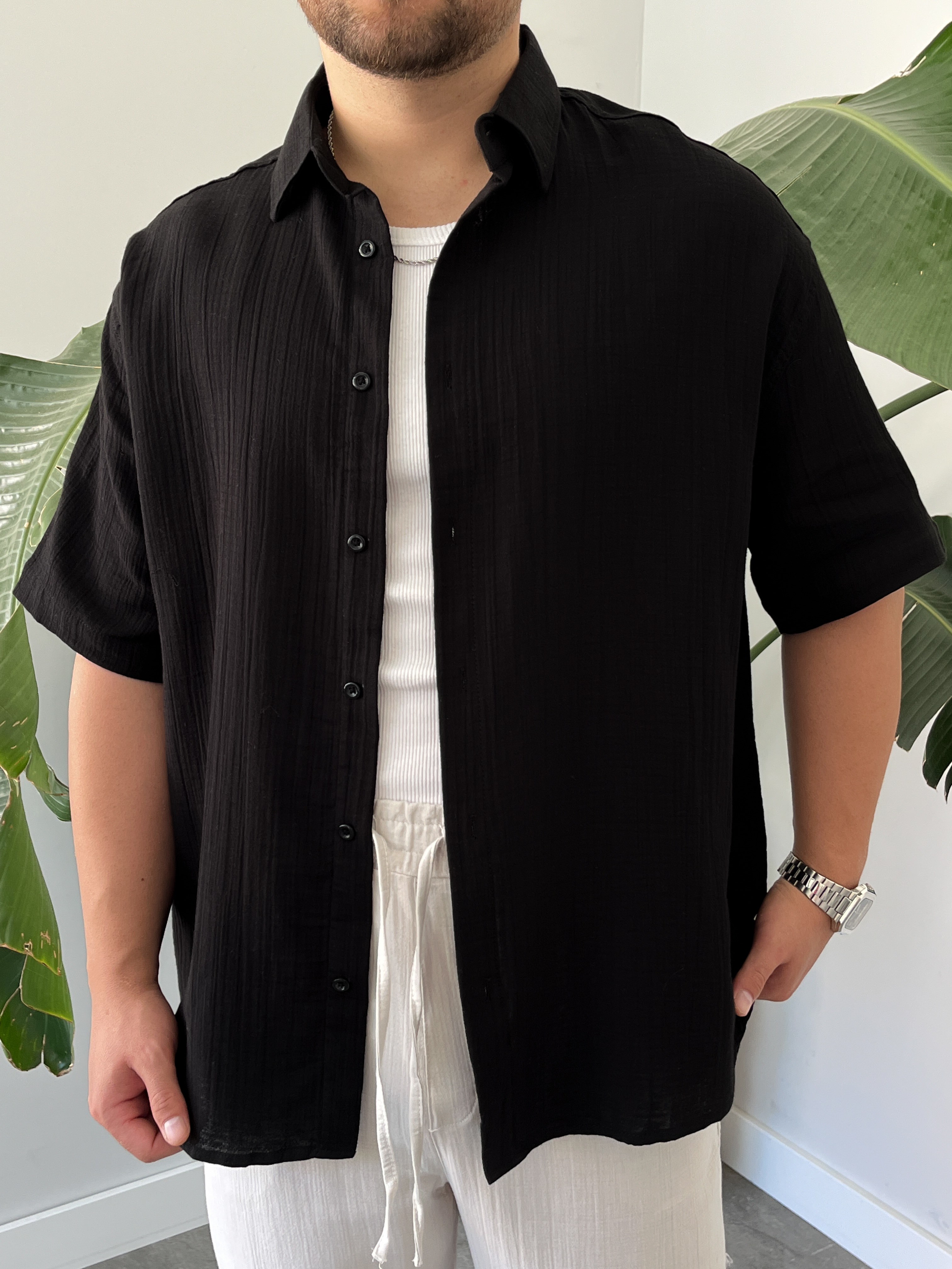 Siyah Müslin Kısa Kollu Oversize Gömlek