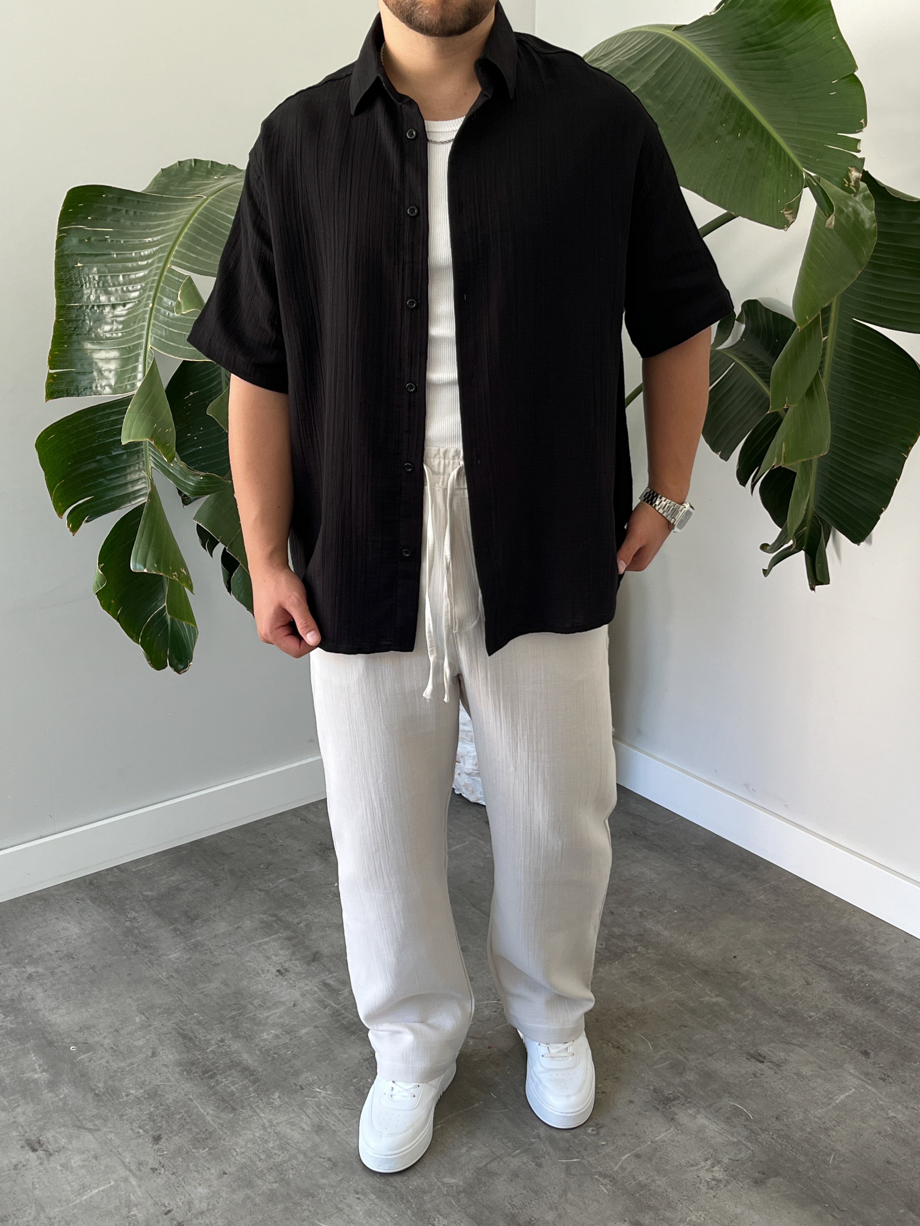 Siyah Müslin Kısa Kollu Oversize Gömlek
