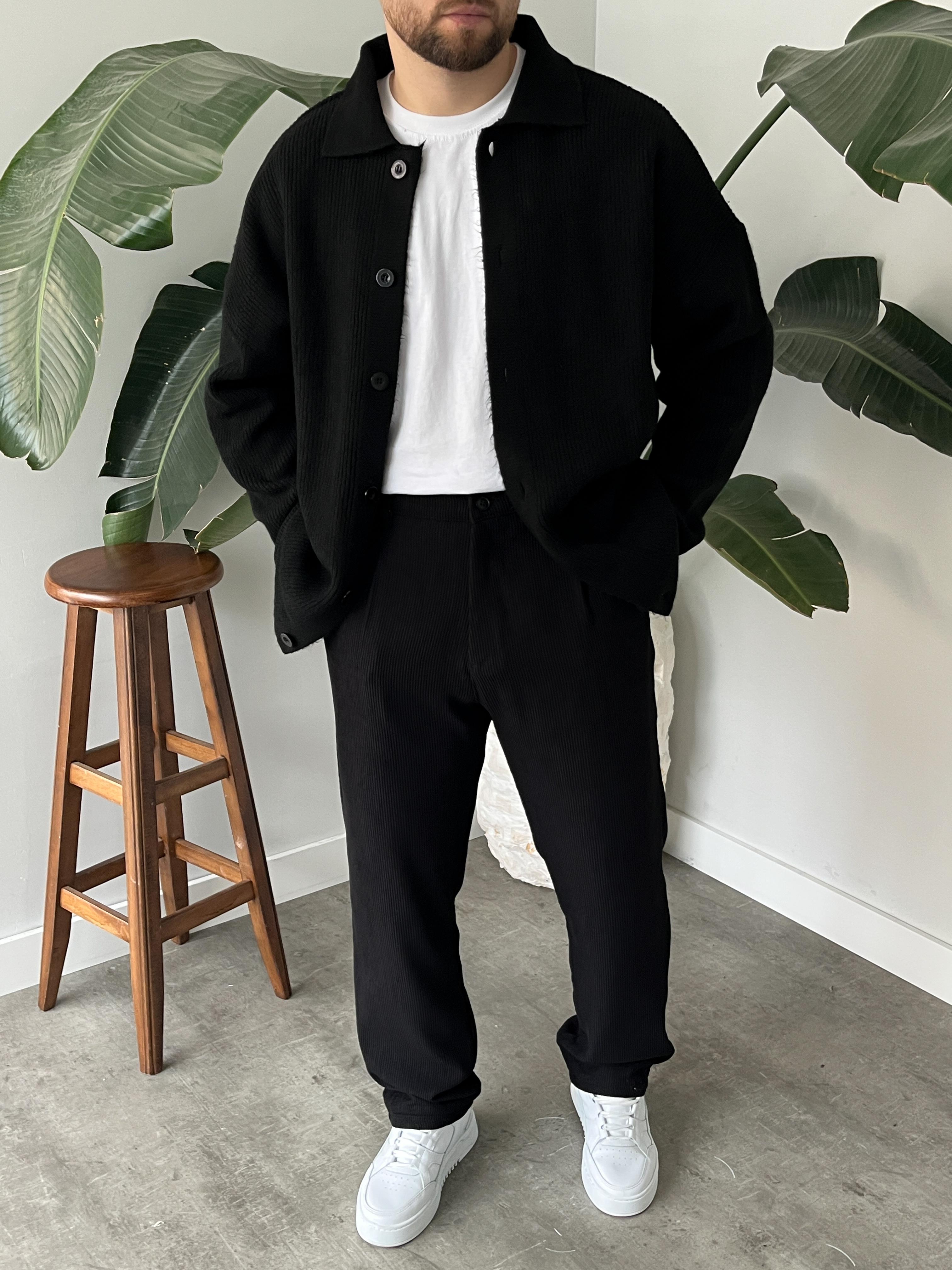 Siyah Örme Düğmeli Polo Yaka Oversize Hırka