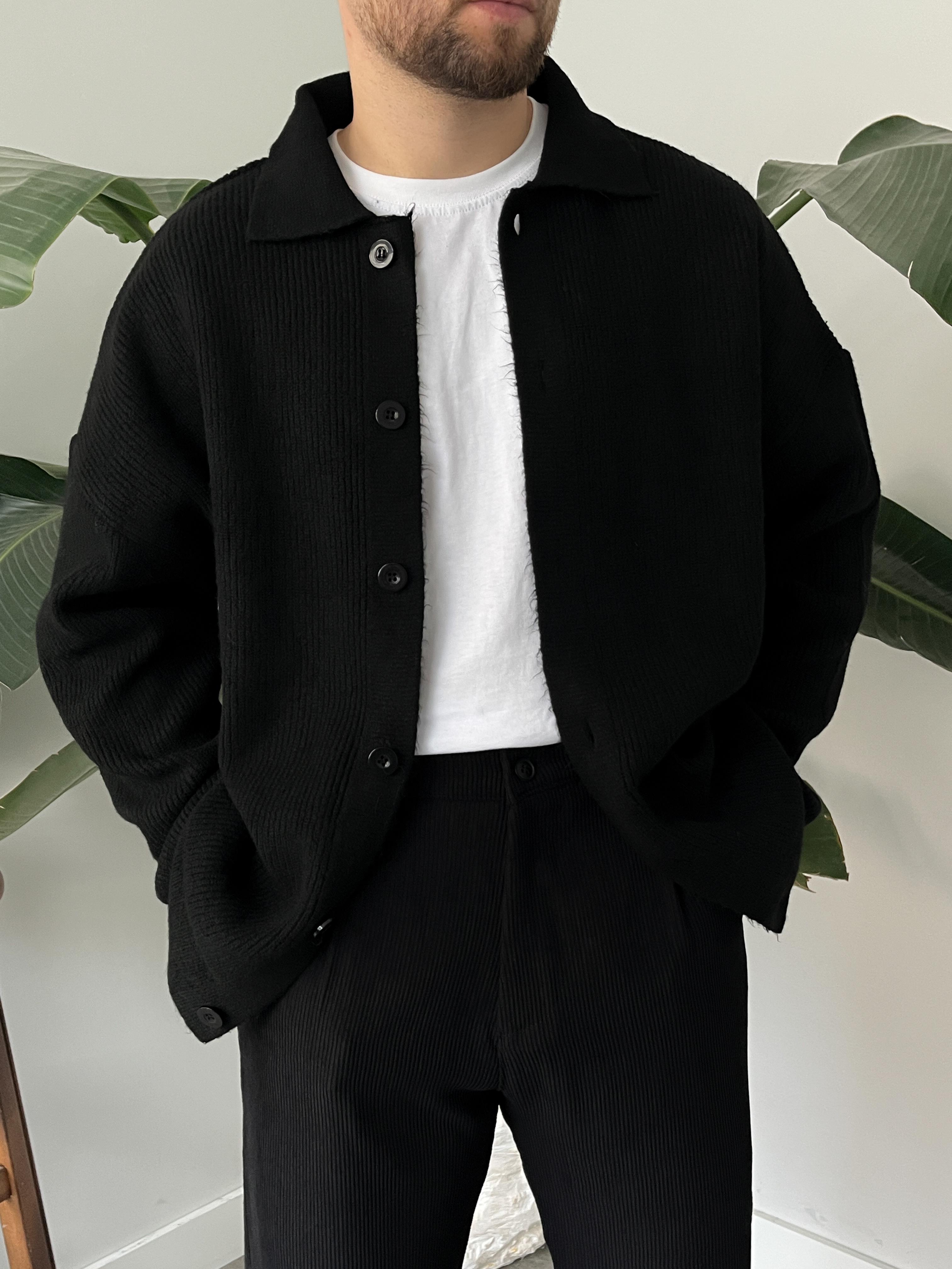 Siyah Örme Düğmeli Polo Yaka Oversize Hırka