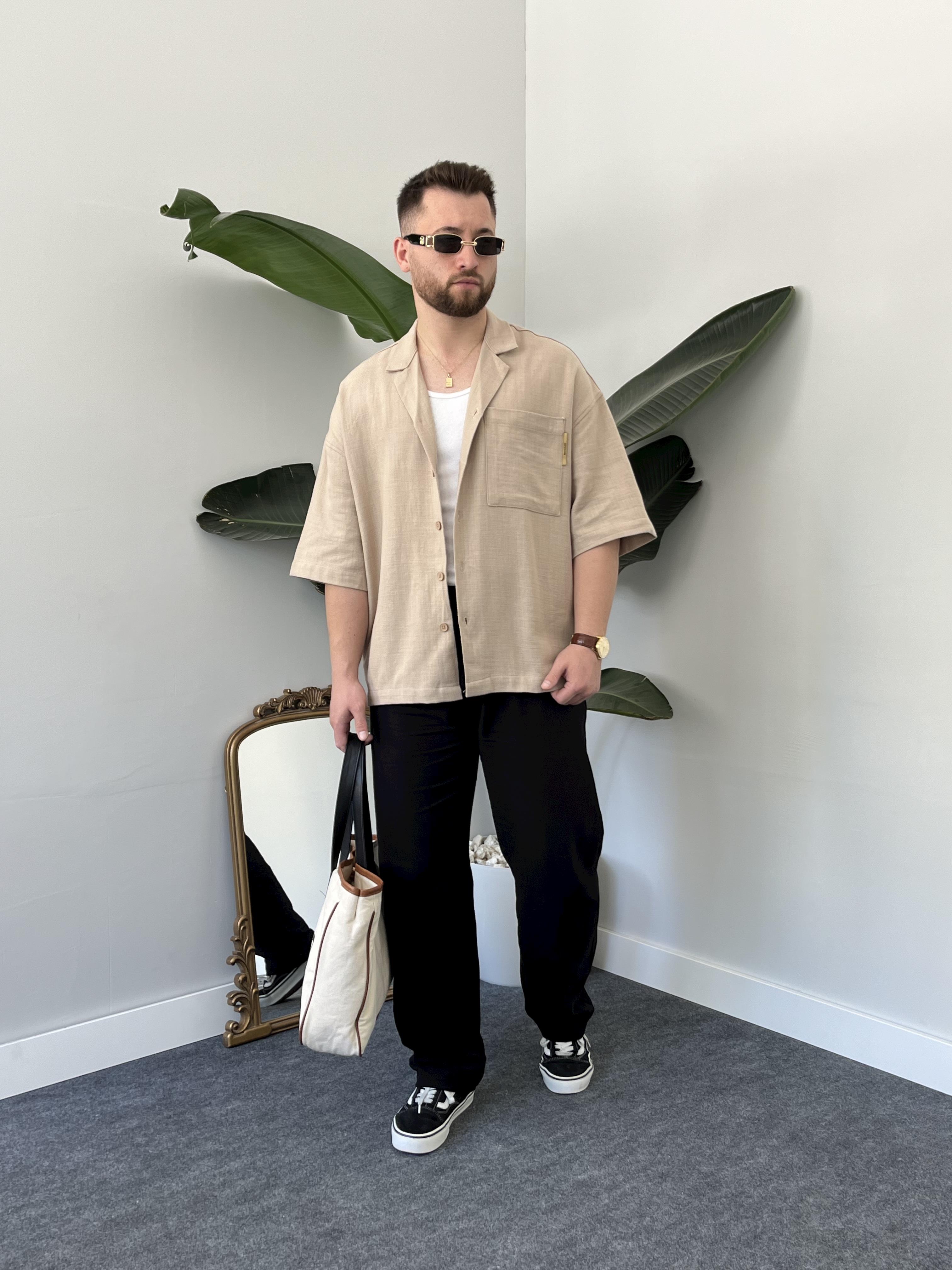 Siyah Pileli Baggy Keten Pantolon