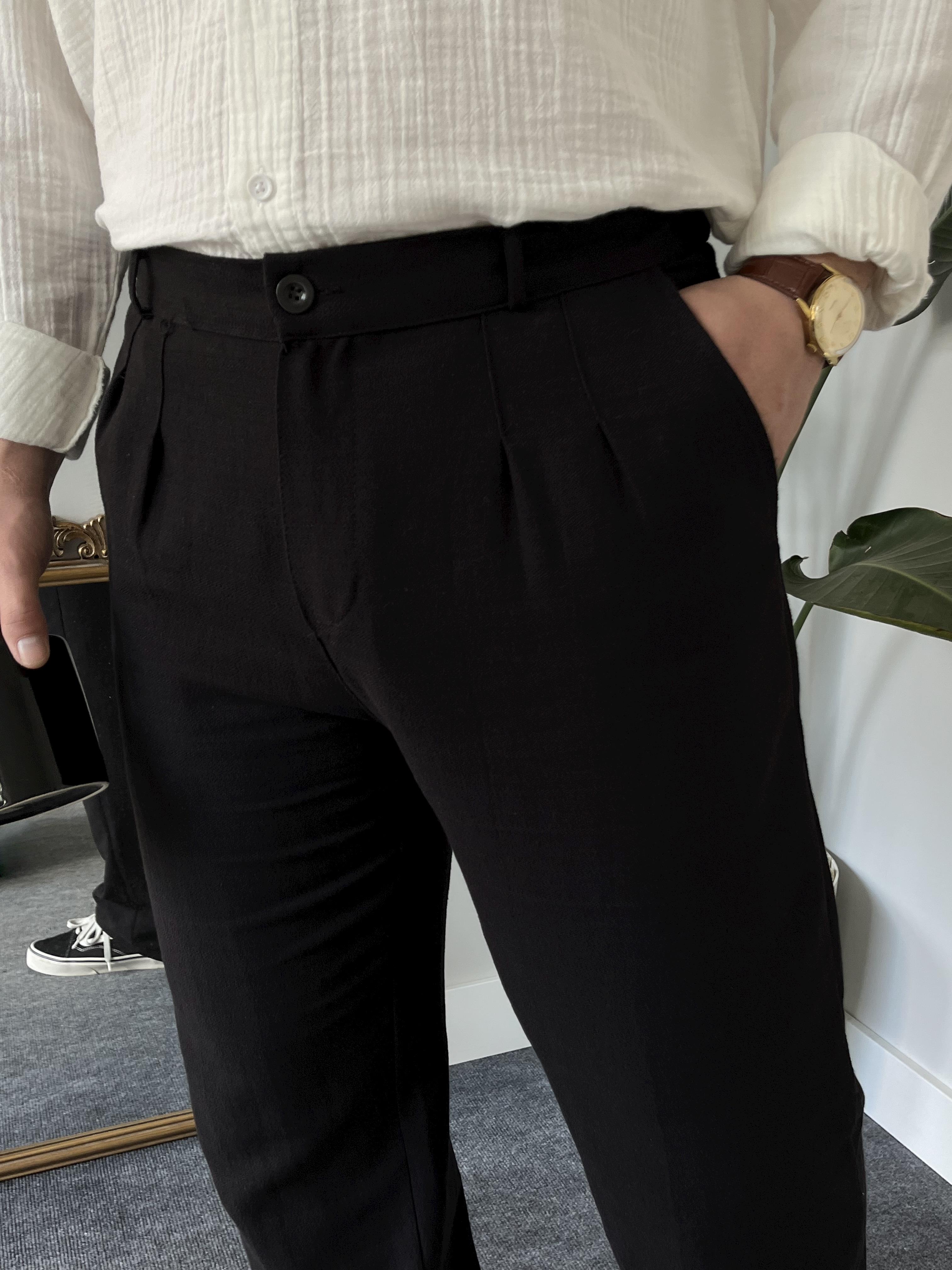 Siyah Pileli Baggy Keten Pantolon