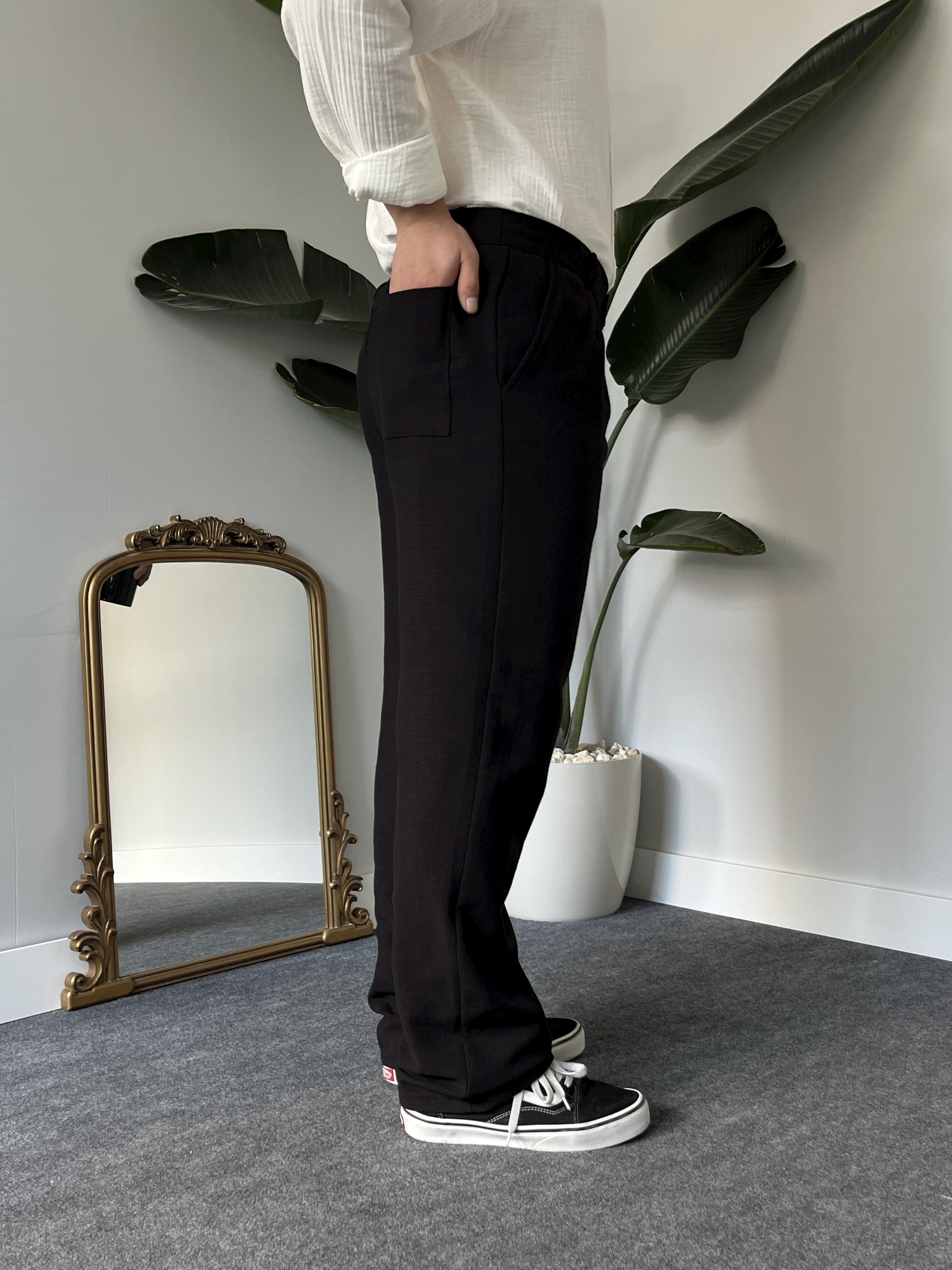Siyah Pileli Baggy Keten Pantolon