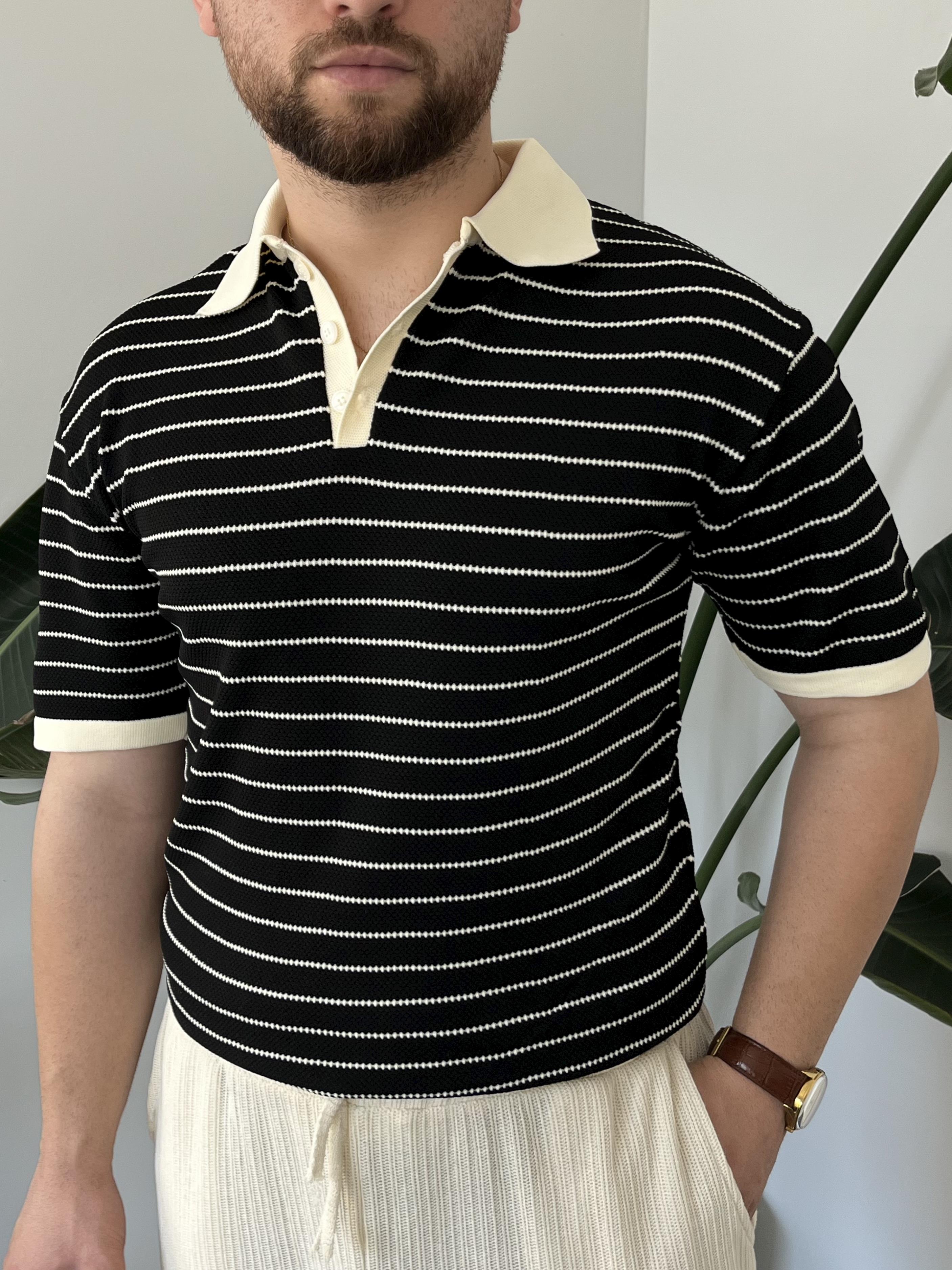 Siyah Premium Çizgili Örme Triko T-shirt