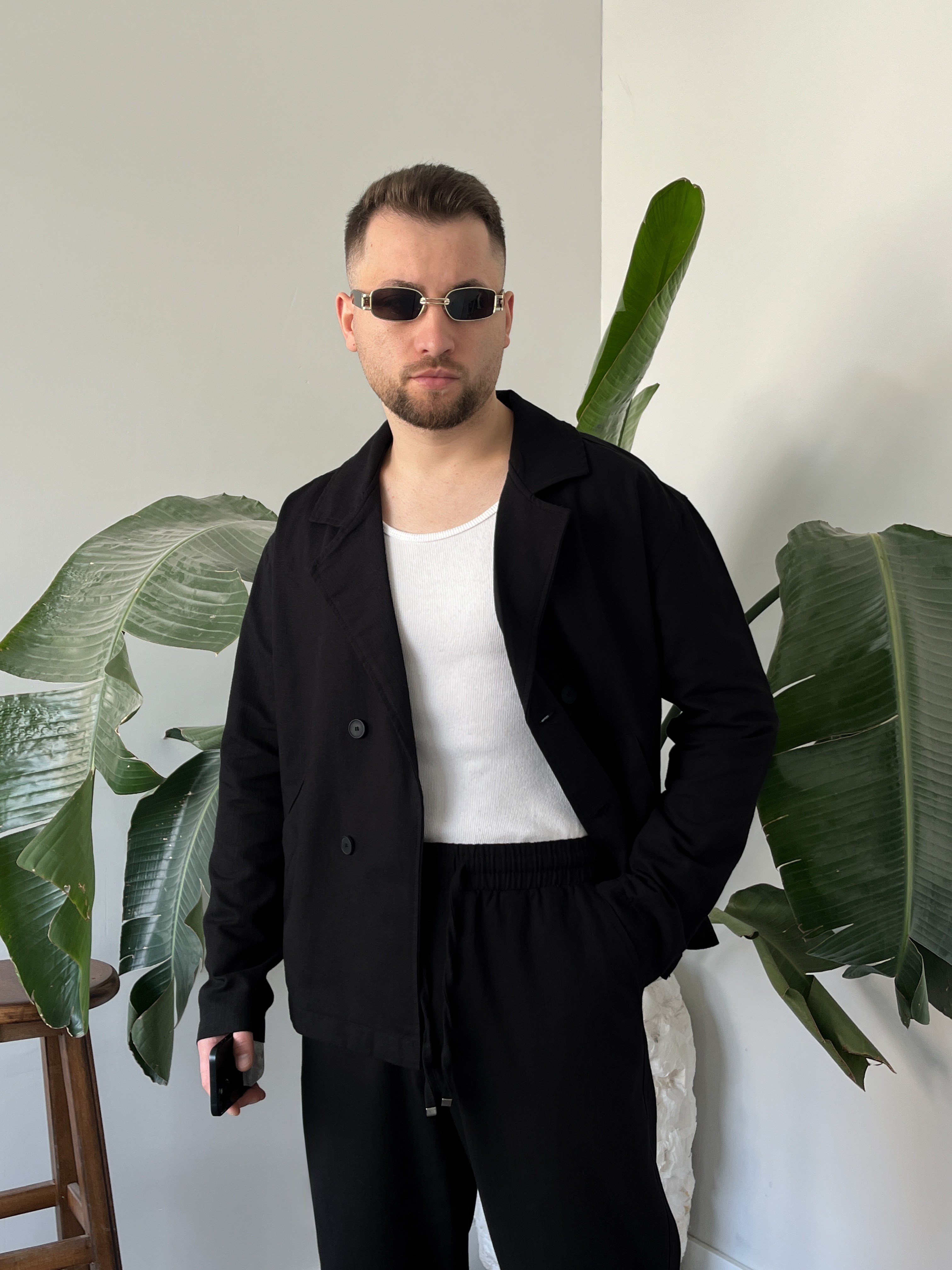 Siyah Premium Keten Oversize Kruvaze Takım