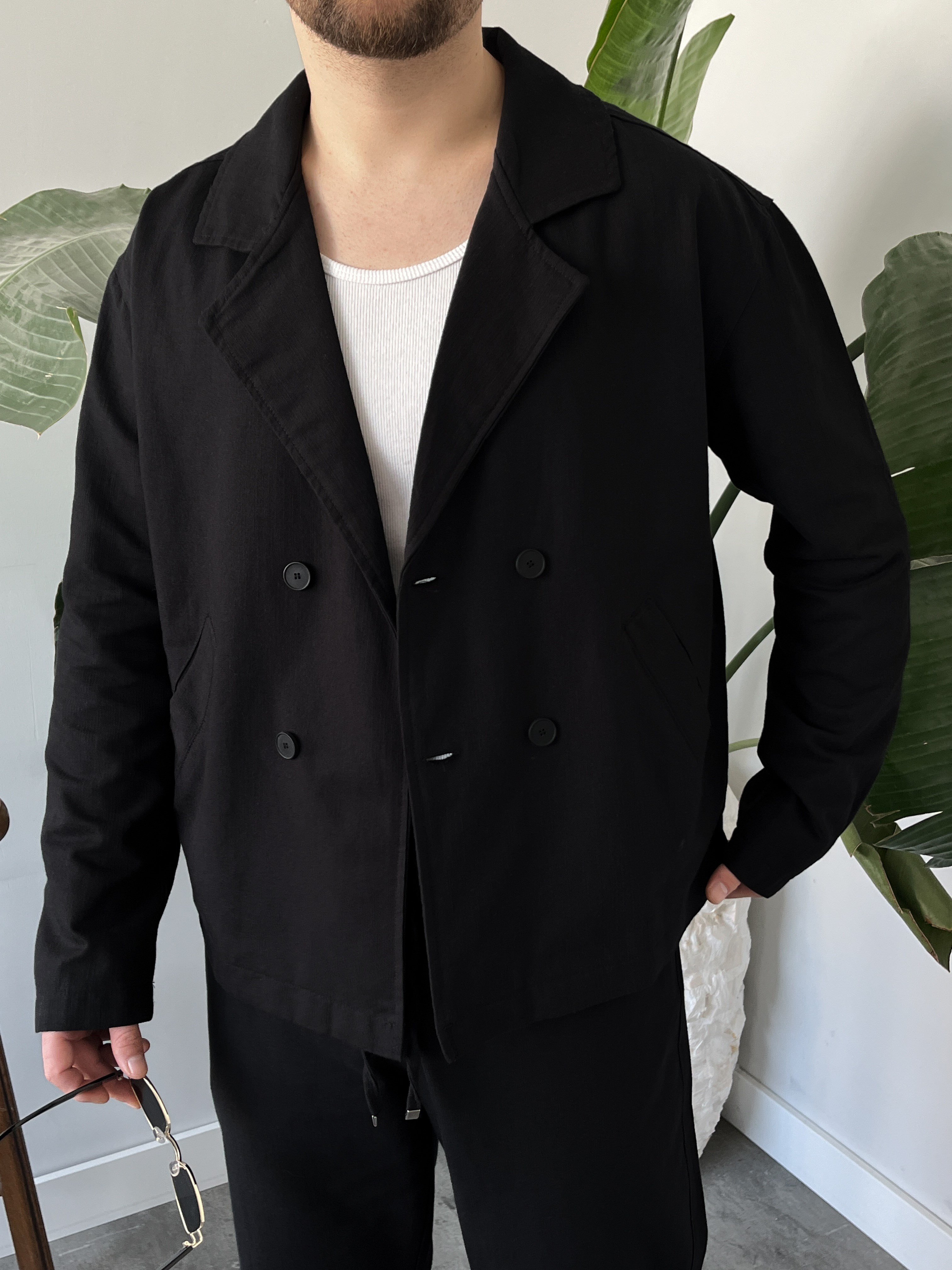 Siyah Premium Keten Oversize Kruvaze Takım