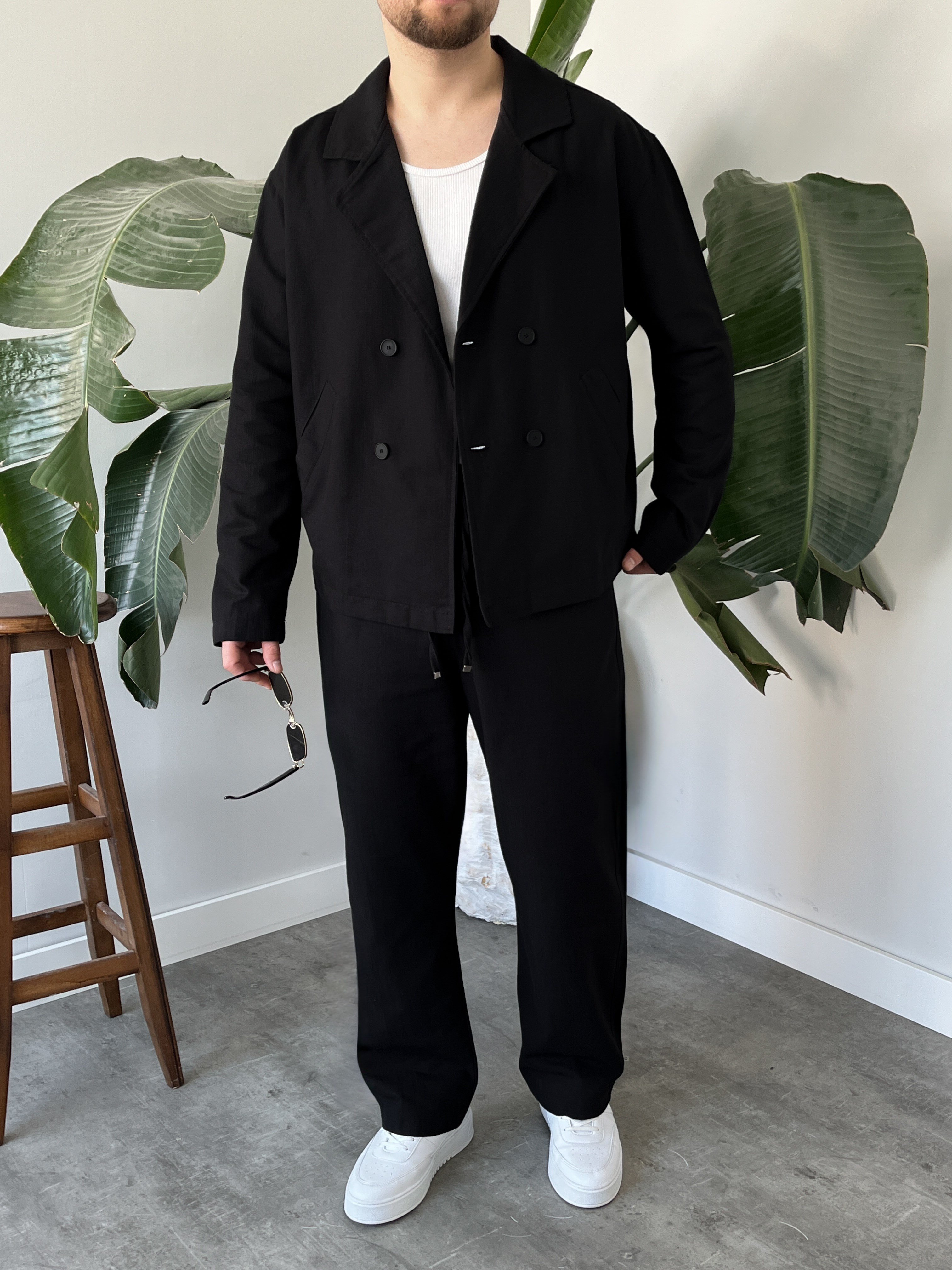 Siyah Premium Keten Oversize Kruvaze Takım