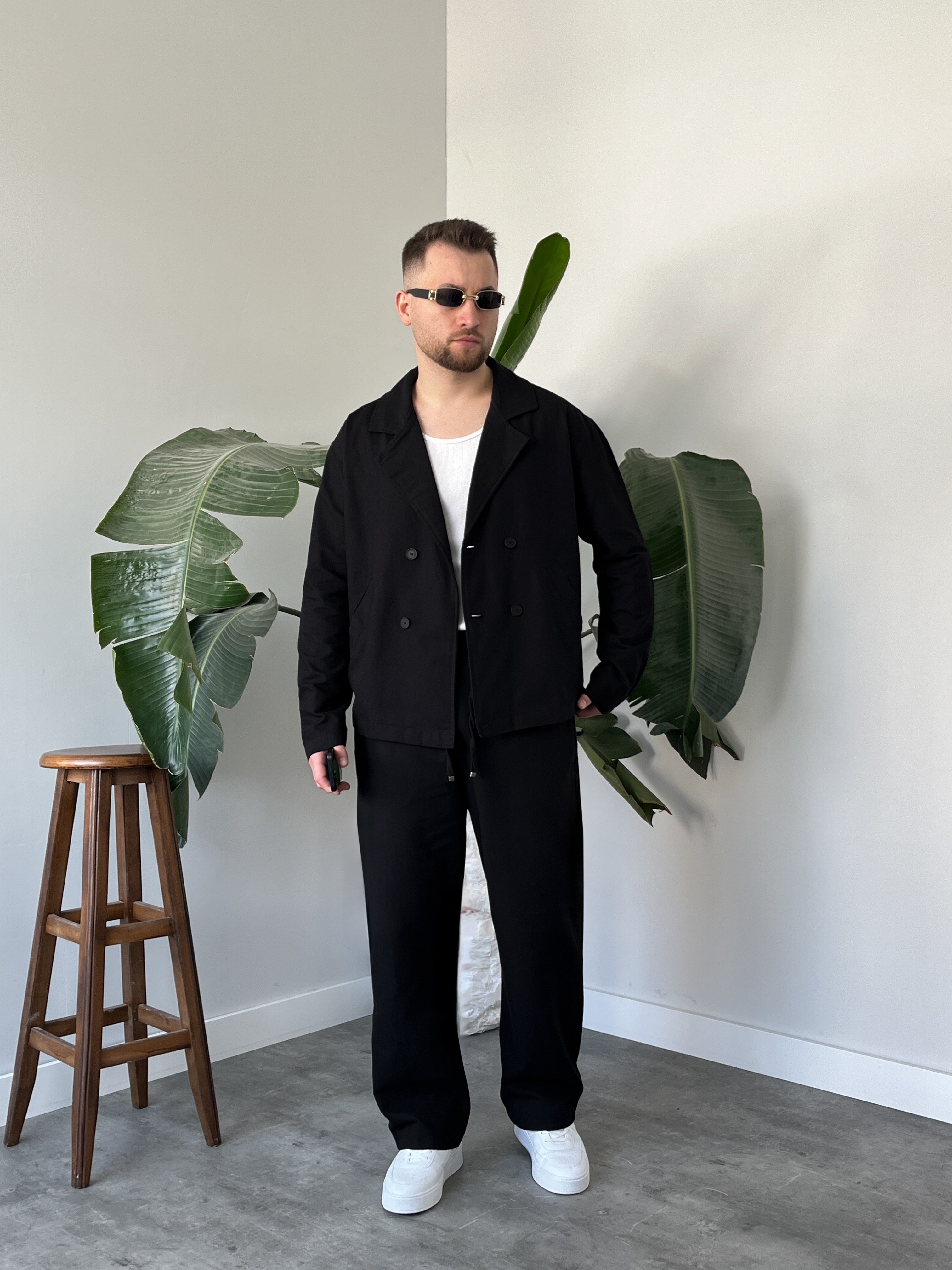 Siyah Premium Keten Oversize Kruvaze Takım