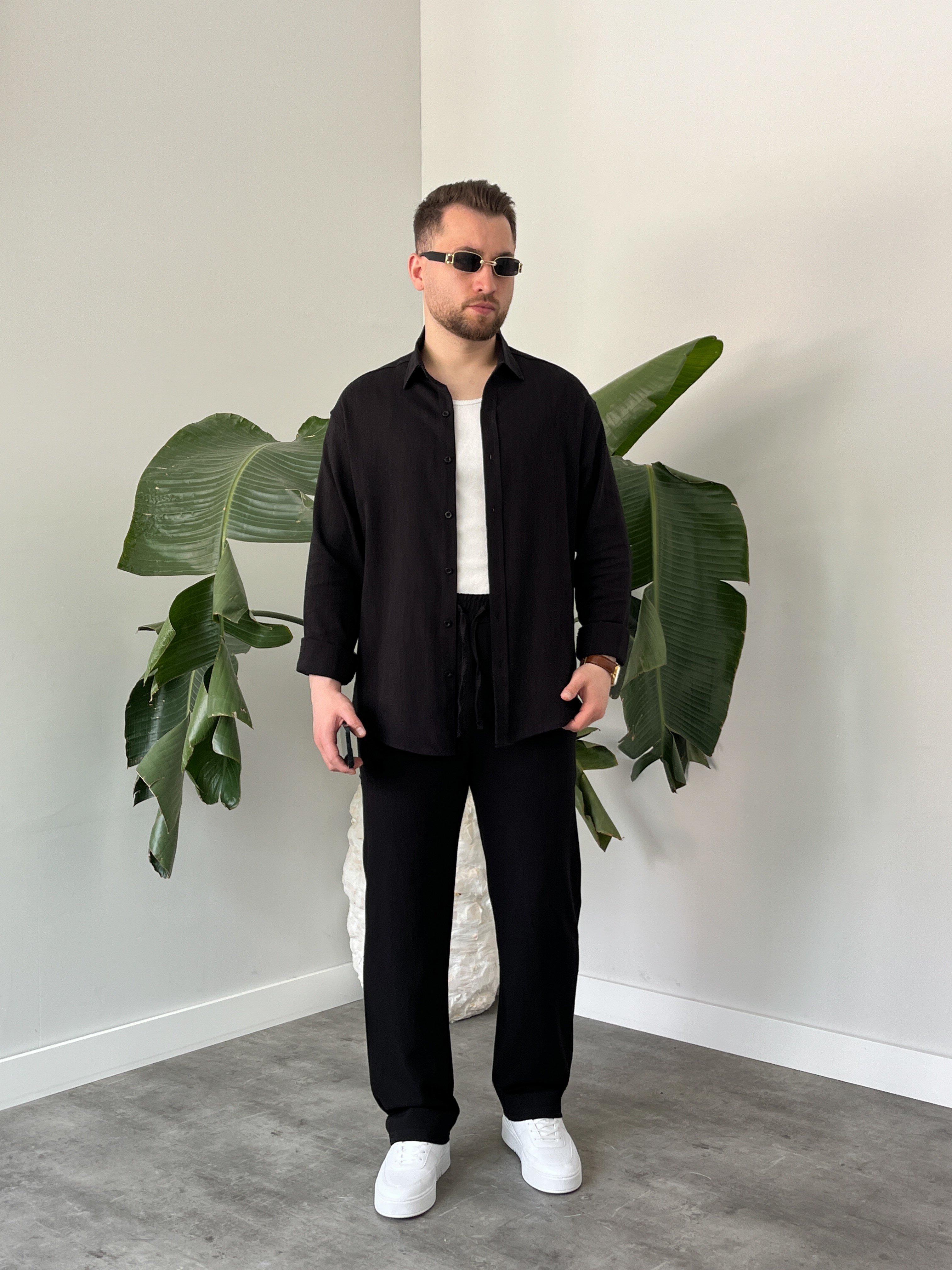 Siyah Serra Keten Oversize Takım