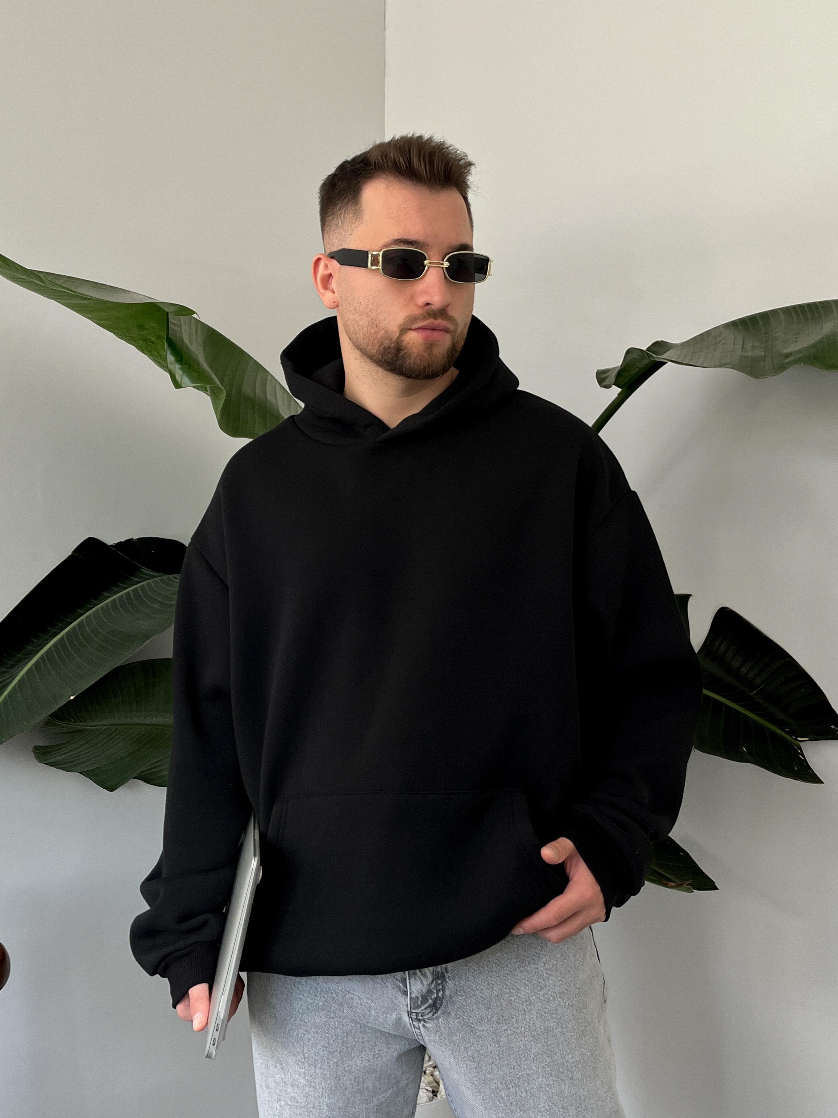 Siyah Üç İplik Şardonlu Basic Oversize Hoodie