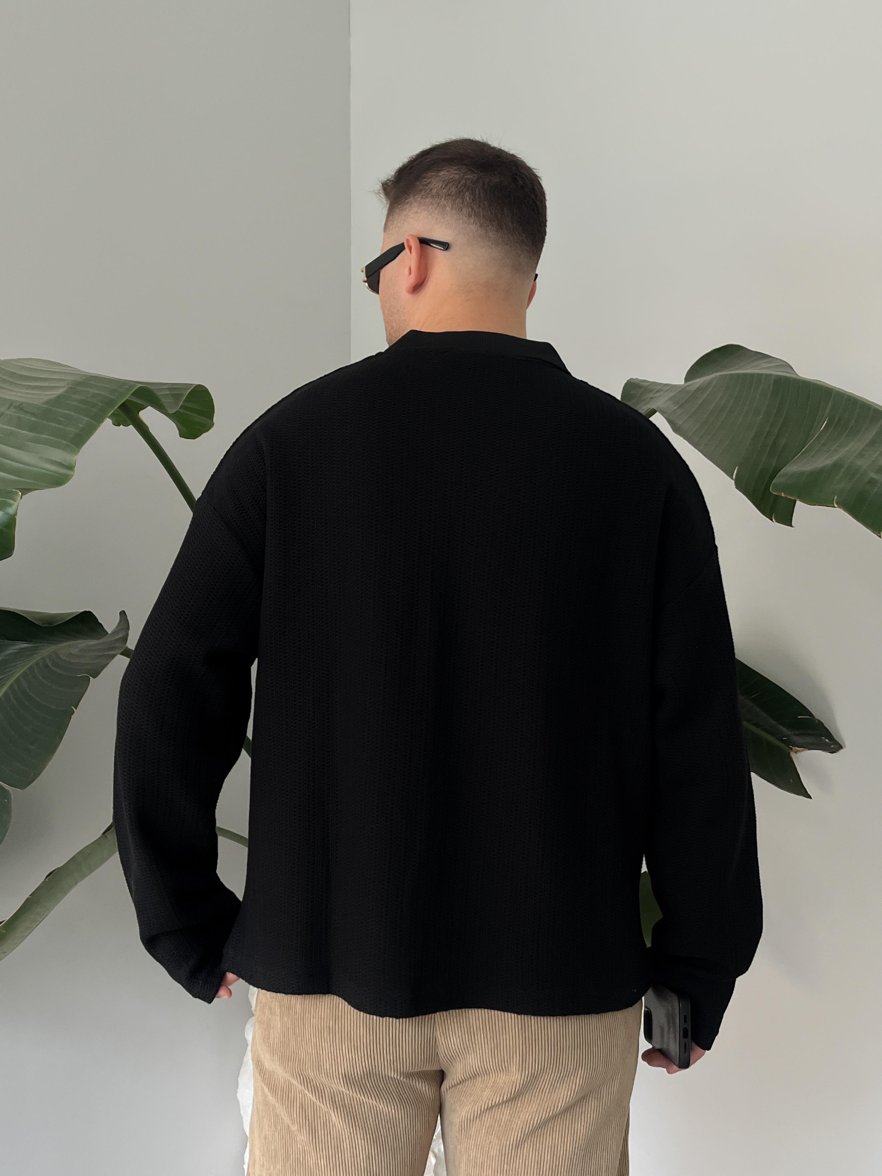 Siyah Waffle Dokulu Polo Yaka Örme Triko Sweatshirt