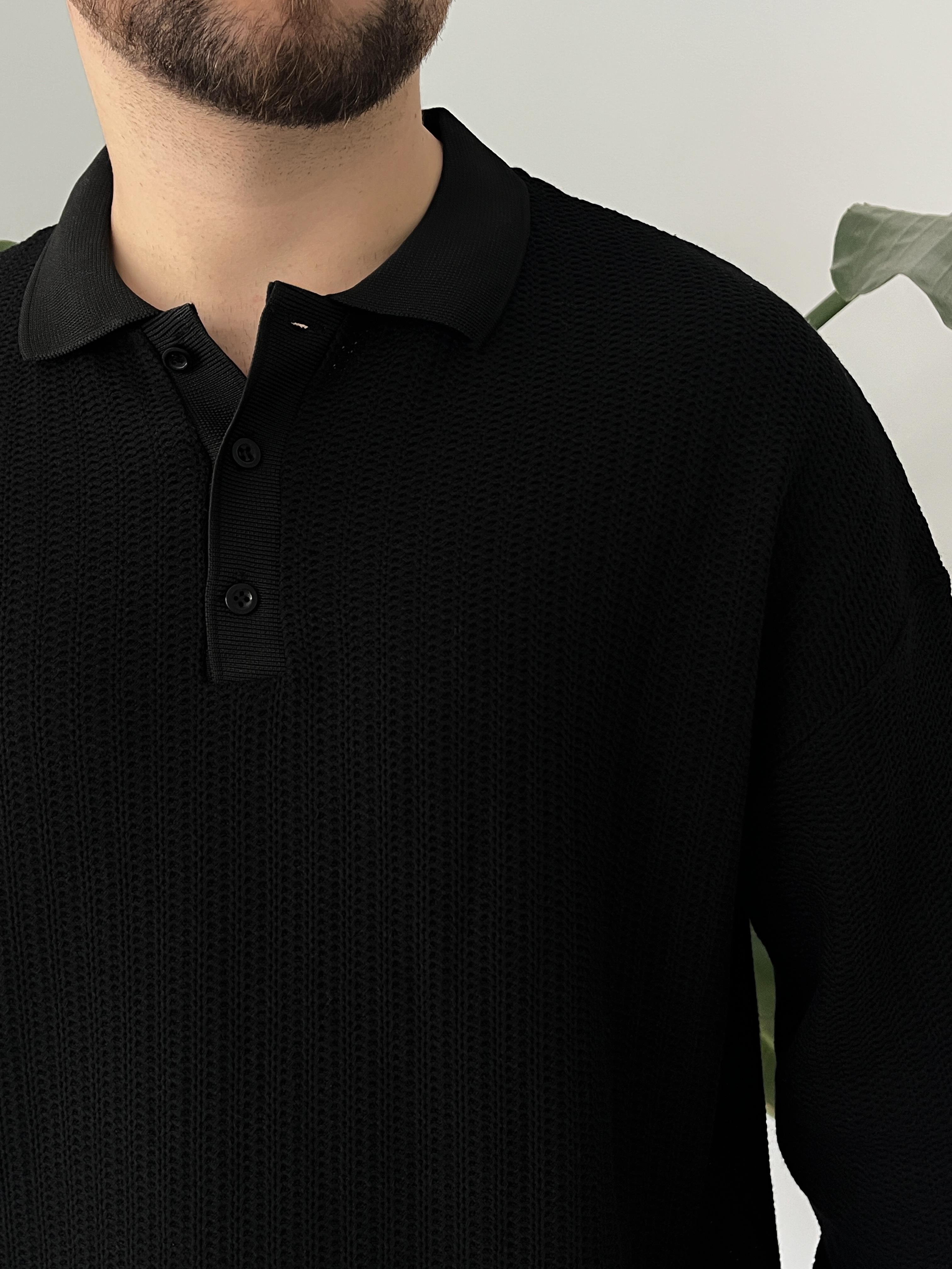 Siyah Waffle Dokulu Polo Yaka Örme Triko Sweatshirt