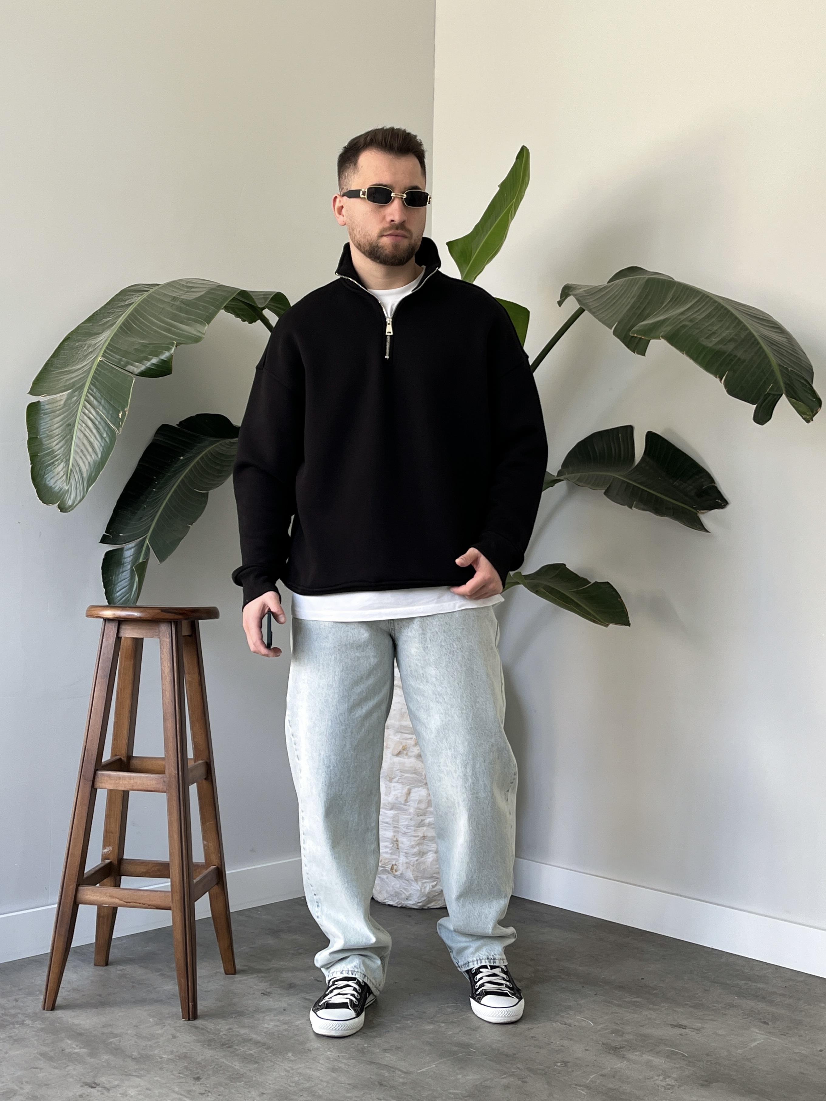Siyah Yarım Fermuar Üç İplik Şardonlu Sweatshirt