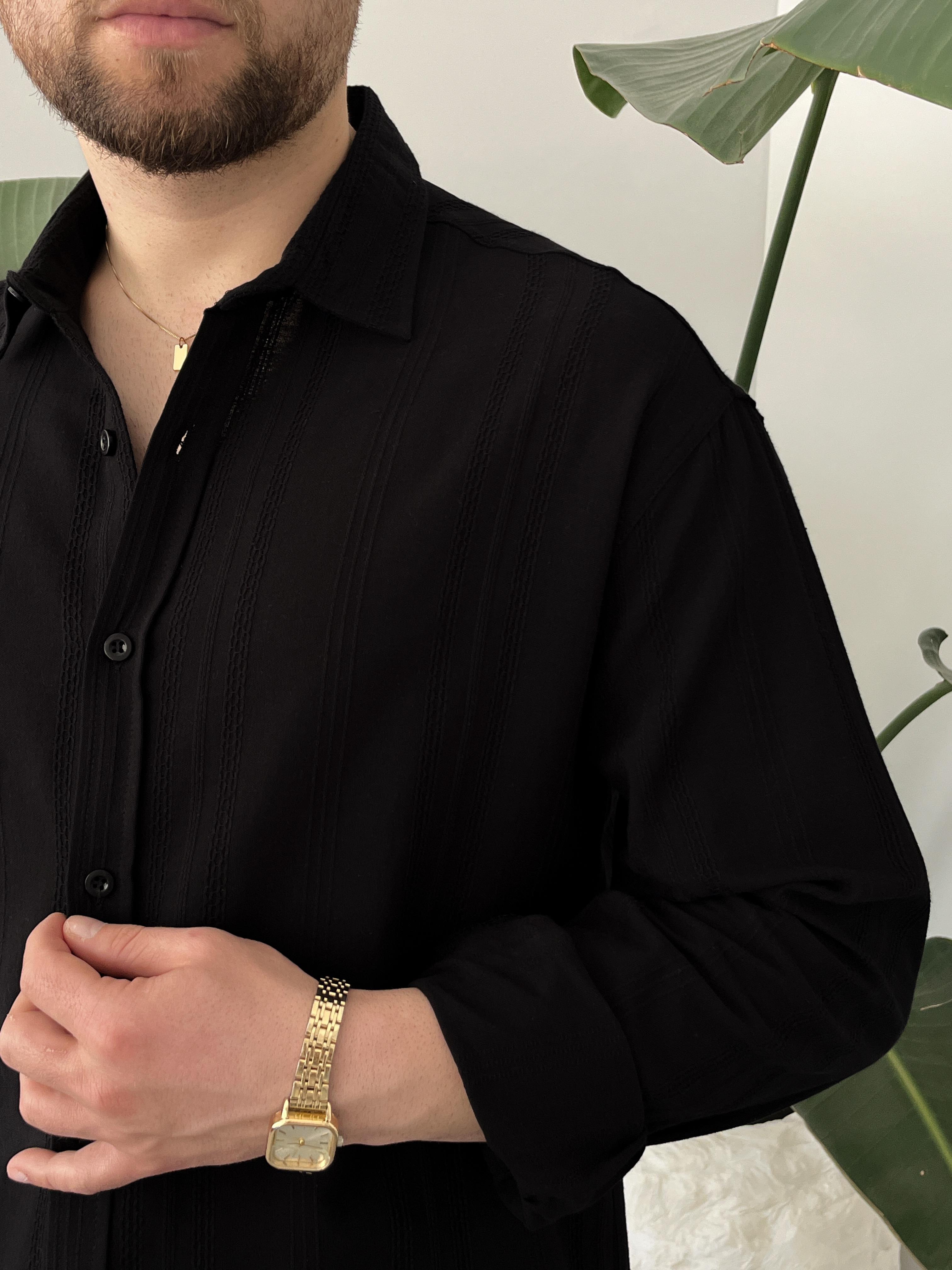 Siyah Zincir Desen Oversize Keten Gömlek